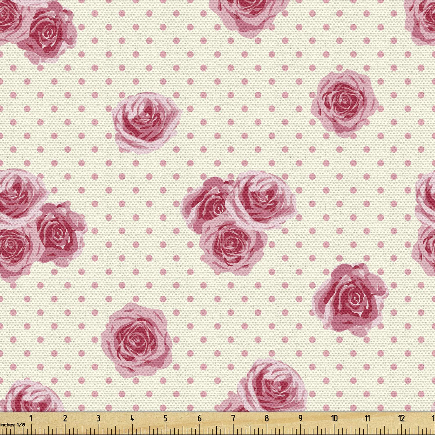 Ambesonne Retro Fabric by The Yard - Romantic Rose Blossoms Bouquet Corsage Design on Polka Dot Backdrop, Decorative Upholstery Fabric for Sofa, Curtains & Home Decor, 5 Yards, Cream Pale Pink - Perfect for DIY Projects, Vintage Home Decor & Wedding Decorations
