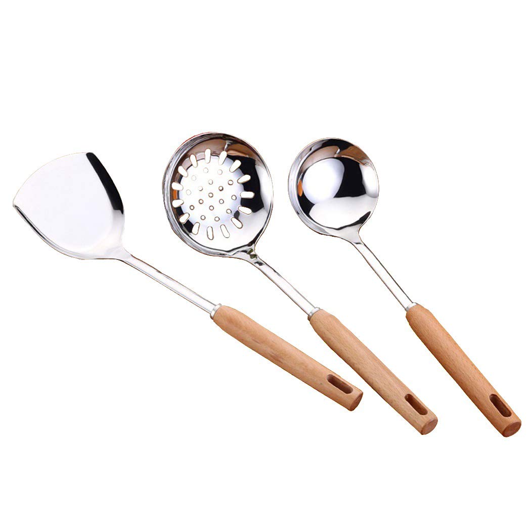 3-Piece Stainless Steel Kitchen Utensil Set - Cooking Spatula, Slotted Spoon & Soup Ladle - Durable Non-Slip Handles for Baking, Frying & Serving (Perfect for Home Chefs & Restaurant Use)