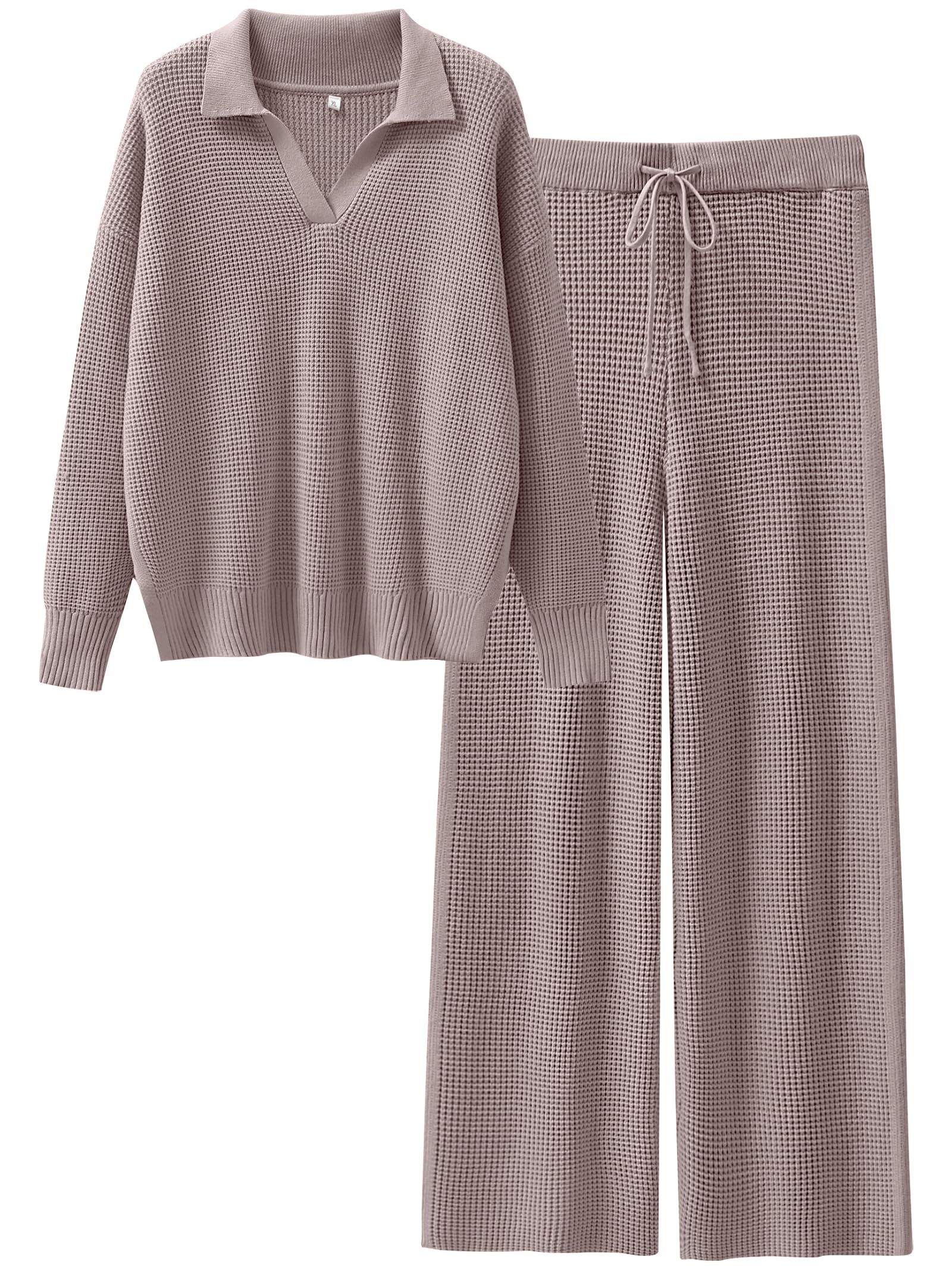 ANRABESS Women's Two Piece Outfits - Waffle Knit Sweater & Wide Leg Pants Lounge Set | Soft Matching Tracksuit for Casual Wear, Loungewear & Home Comfort
