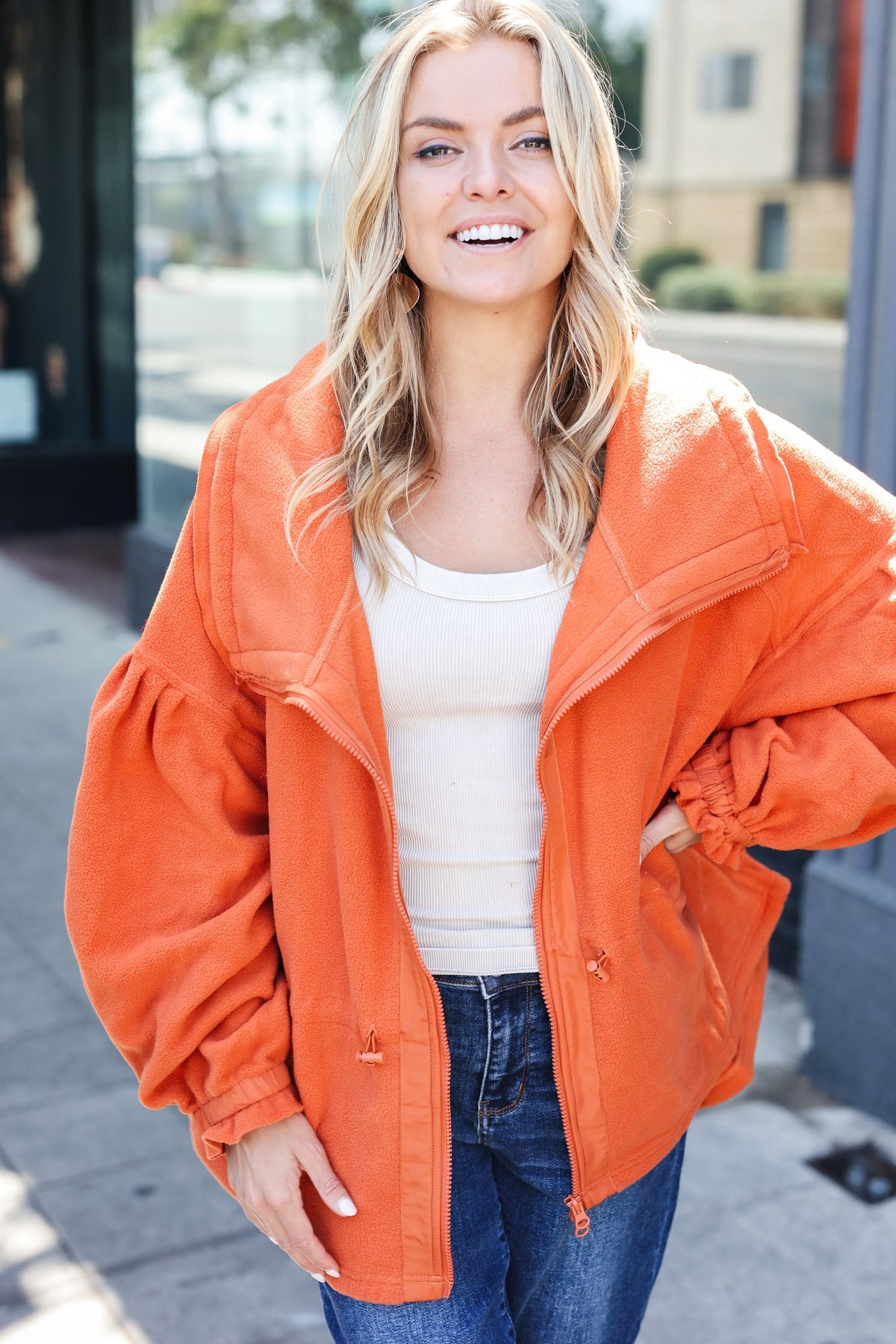 Stylish Rust Cinched Waist Zip-Up Fleece Jacket for Women | Cozy Winter Outerwear | Perfect for Hiking, Camping & Casual Outfits