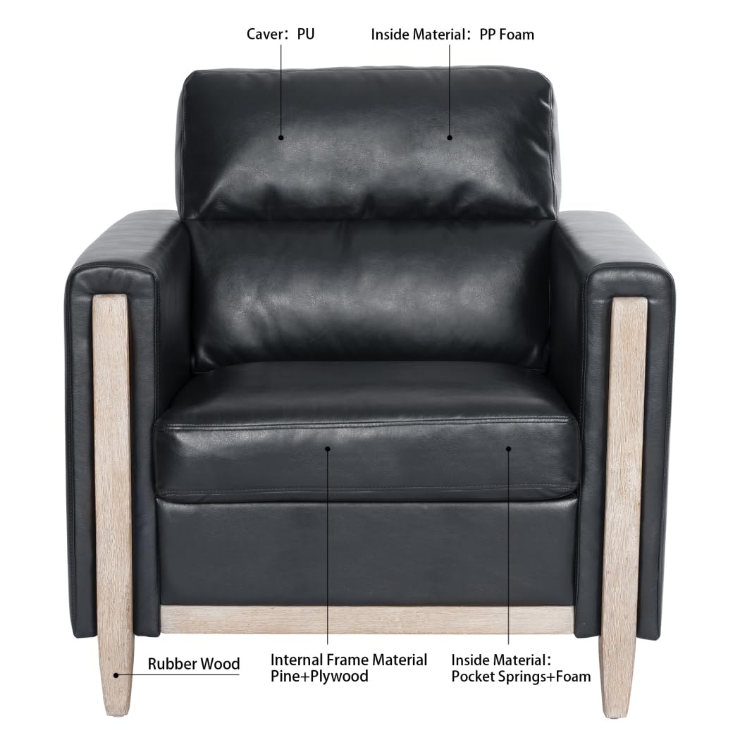 Modern Upholstered Armchair - Mid Century Single Seater Sofa with PU Leather - Comfortable Accent Chair for Living Room, Bedroom, Apartment & Office - Perfect for Small Spaces, Reading & Relaxing - Black PU Leather Lounge Chair