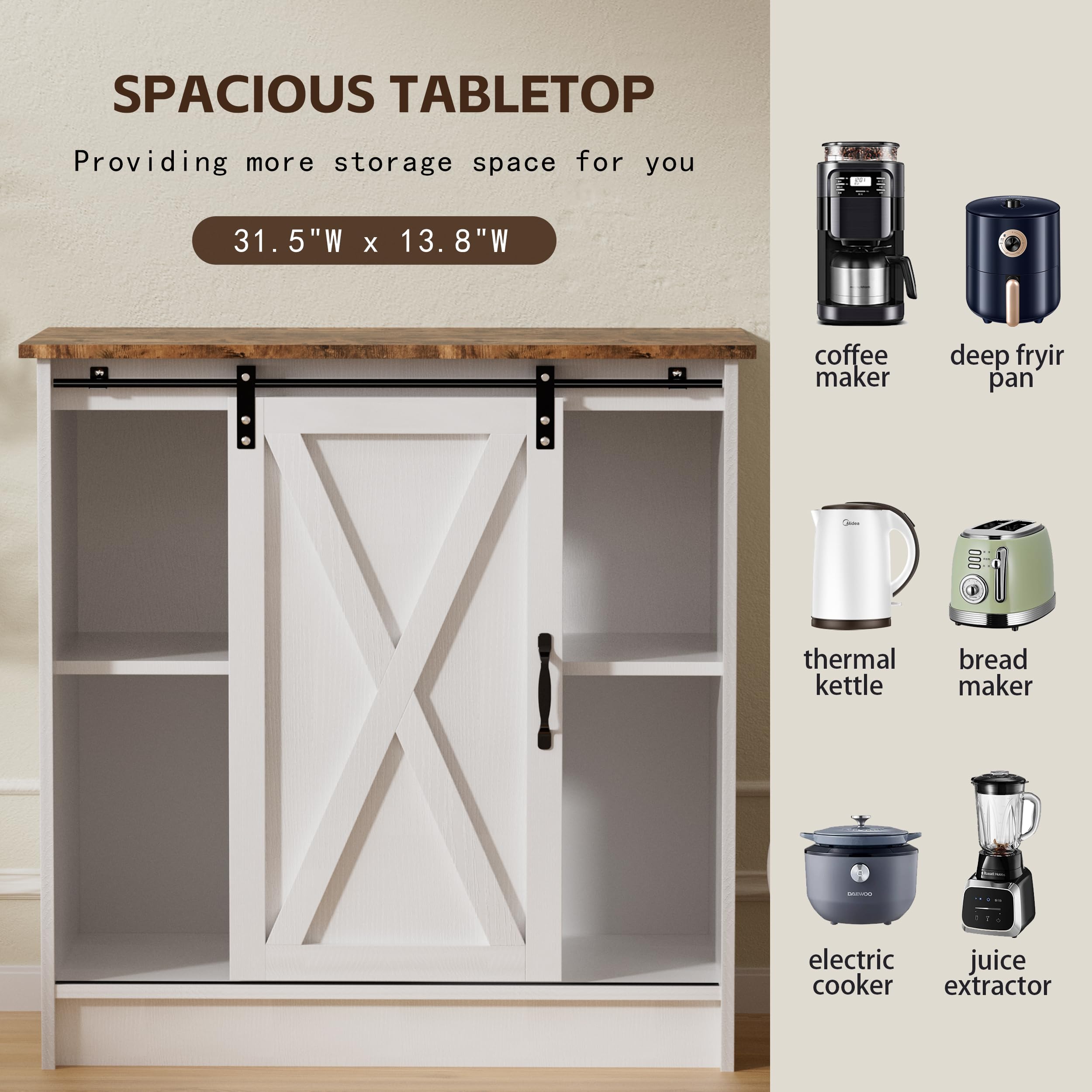 White Coffee Bar Cabinet with Storage - Farmhouse Style Coffee Bar Table with Sliding Barn Door - Perfect for Kitchen, Dining Room & Living Room - Organize Coffee Mugs, Wine Bottles & Kitchen Essentials
