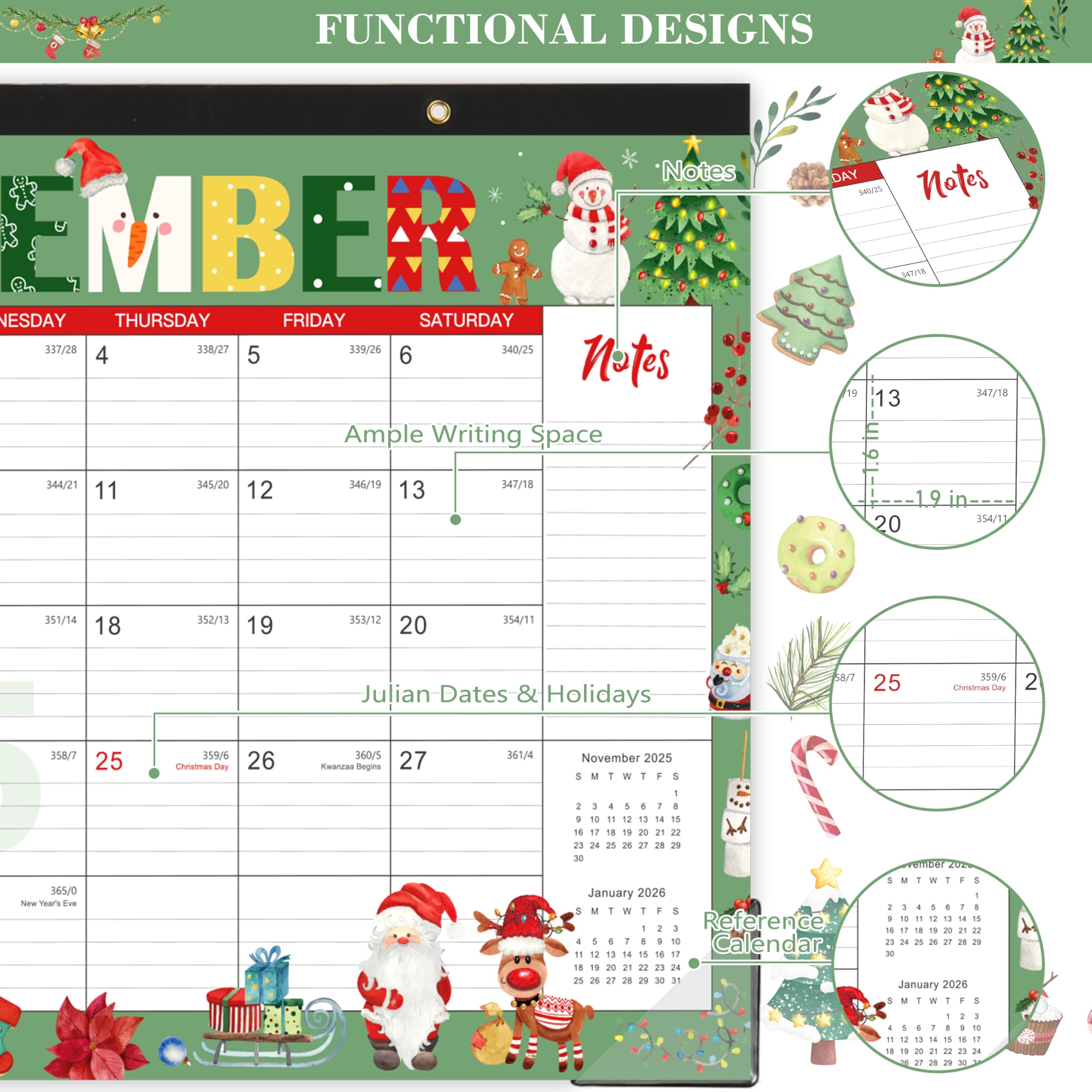 2025-2026 18-Month Wall & Desk Calendar (July 2025 - December 2026) with Protective Corners & Holiday Markings - 12