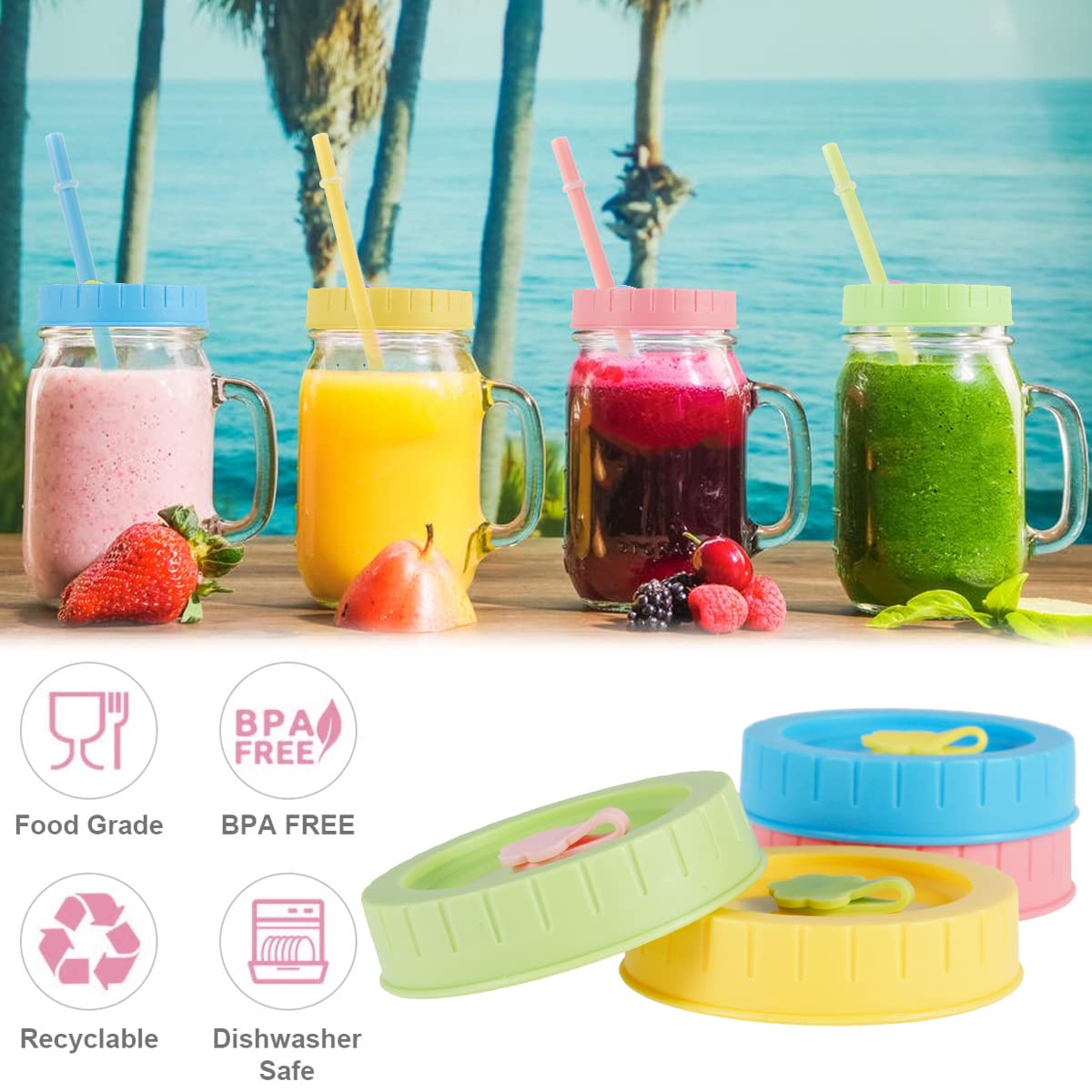 12-Piece Colorful Plastic Jar Lids Set - BPA Free, Fits 70mm Wide Mouth Silicone Canning Jars - Includes Straw Hole Cleaning Brushes & Straws - Perfect for Food Storage, Meal Prep, and On-the-Go Drinks