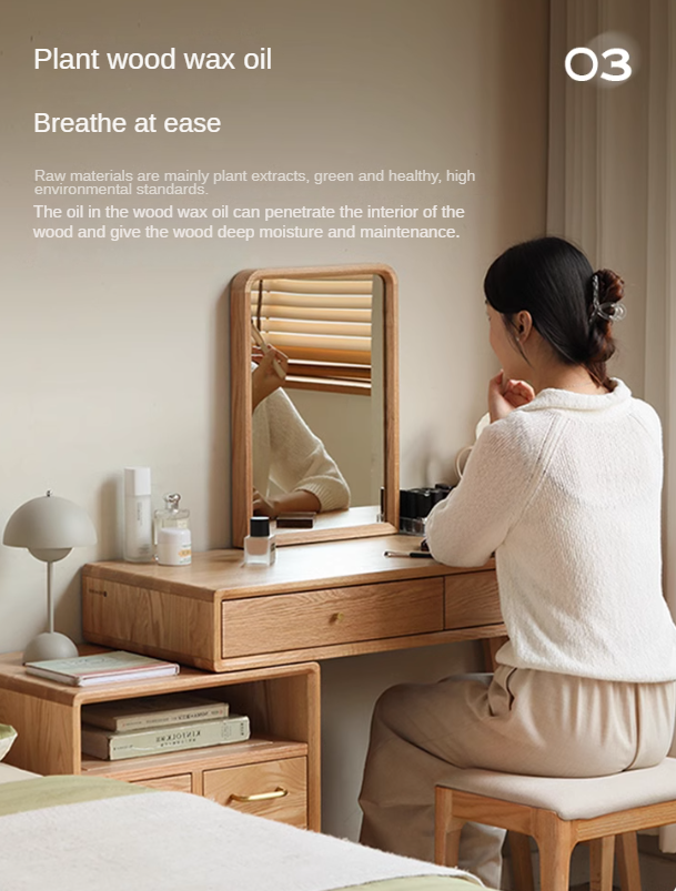 Solid Oak Wood Extendable Vanity Dressing Table with Mirror - Perfect for Bedroom Makeup & Jewelry Storage