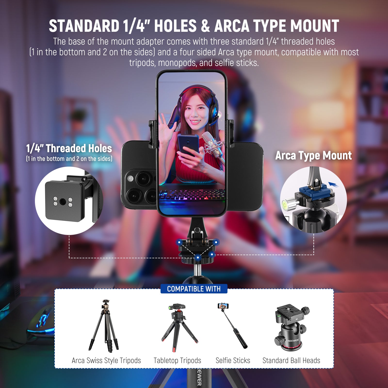 NEEWER SP 08 Metal Phone Tripod Mount Adapter - Universal Smartphone Holder for DSLR Camera Tripods - Perfect for Vlogging, Photography & Video Shooting
