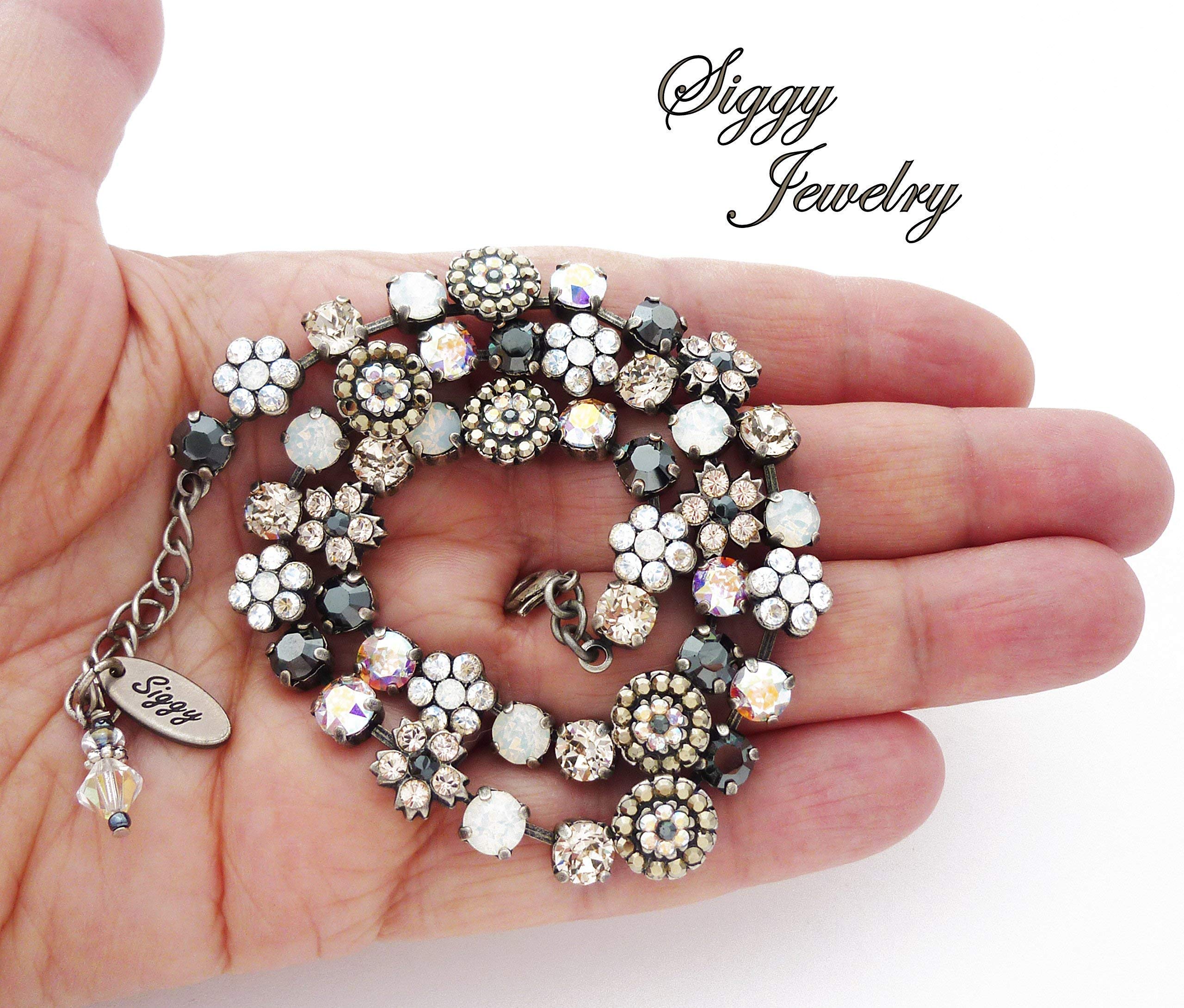 Elegant Austrian Crystal Flower Necklace with Jet Hematite & White Opals in Rose Gold | Ornate Floral Cluster Jewelry for Women | Perfect for Weddings, Date Nights & Special Occasions