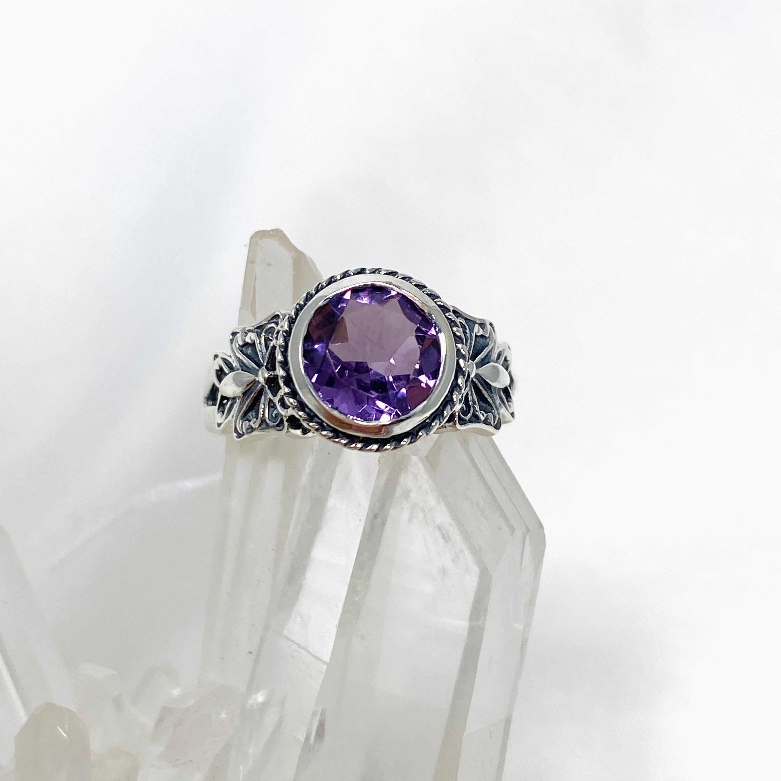Amethyst Faceted Round Ring in Decorative Setting R3671 - Elegant Jewelry for Women, Perfect for Weddings, Parties & Gifts