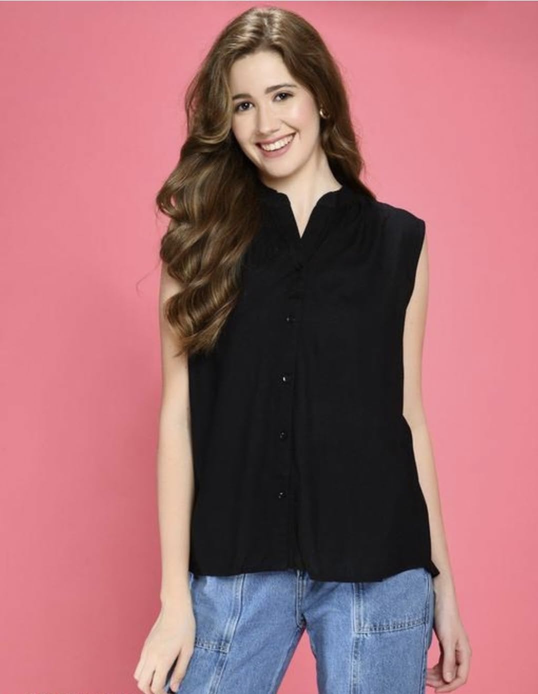 RR Fashion House Women's Sleeveless Solid Casual Top - Button Front Shirt for Everyday Wear | Perfect for Office, Outings & Summer Outfits