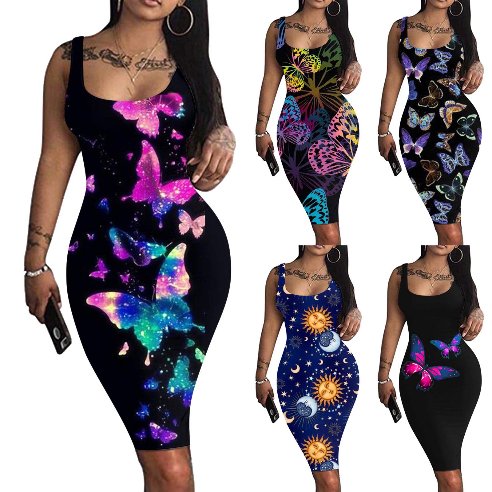 Women's Sexy Bodycon Cami Dress - Butterfly Print Sleeveless Mini Dress for Summer, Party & Club Wear | Flattering Hotkey Dress for Night Out & Vacation