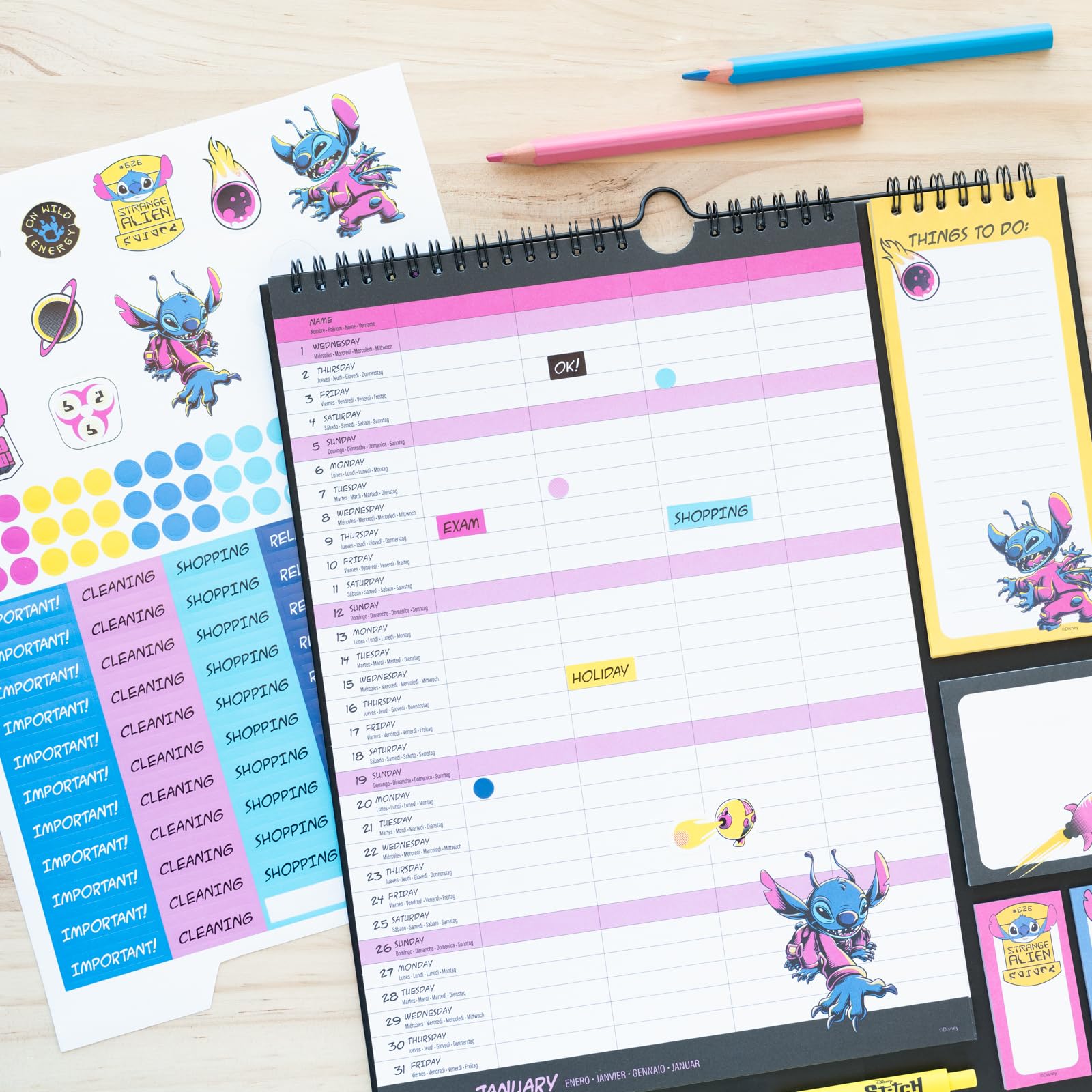 Disney Stitch 2025 Wall Calendar Planner - 16 Months (September 2024 to December 2025) - 11.8 x 13.4 Inches (30 x 34 cm) with Stickers, Pen & Shopping List - Perfect for Home, Office & School Organization - Cute Stitch Themed Gifts for Disney Fans