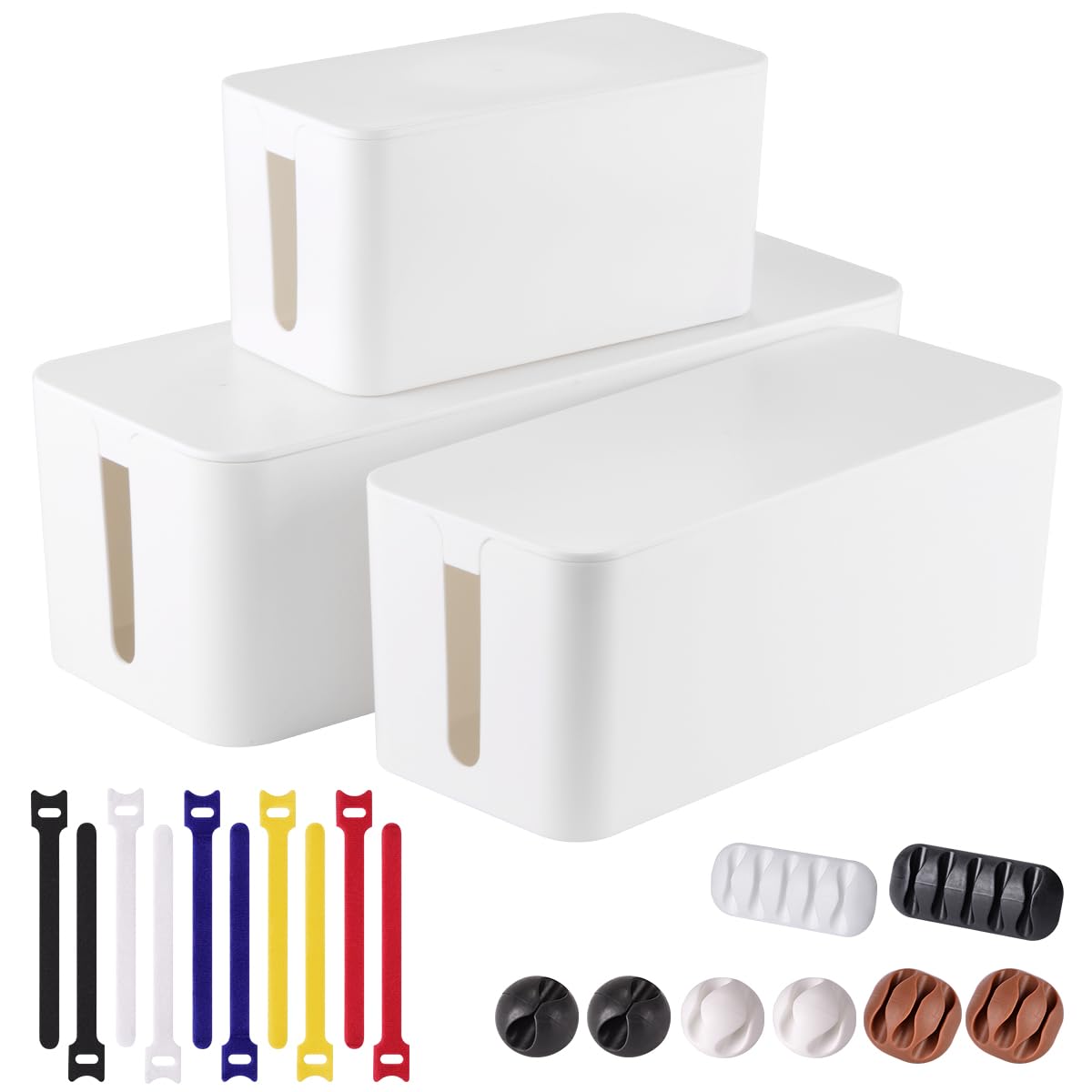 3 Pack Cable Management Box Set with 18 Pieces - Large, Medium & Small Cord Organizer Box to Hide Wires & Power Strips | TV Cable Organizer for Home Office Desk | White Storage Solution for Electronics & Entertainment Centers