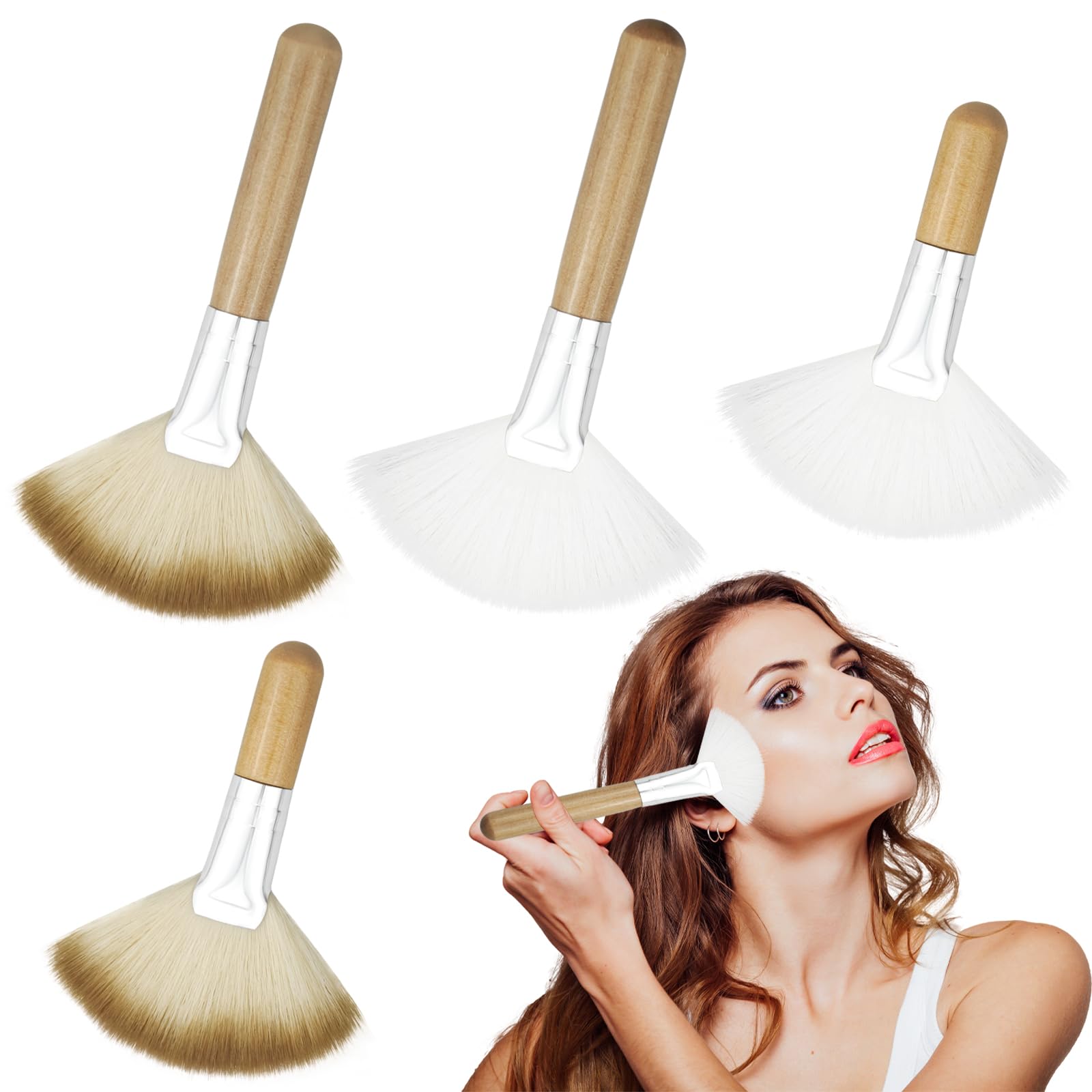 4 Pack Fan Brushes for Makeup - Soft Bristle Face Highlighting & Blush Brush Set with Long/Short Handles - Professional Loose Powder, Highlighter & Blush Applicator Brushes - Perfect for Contouring, Highlighting & Everyday Makeup Application