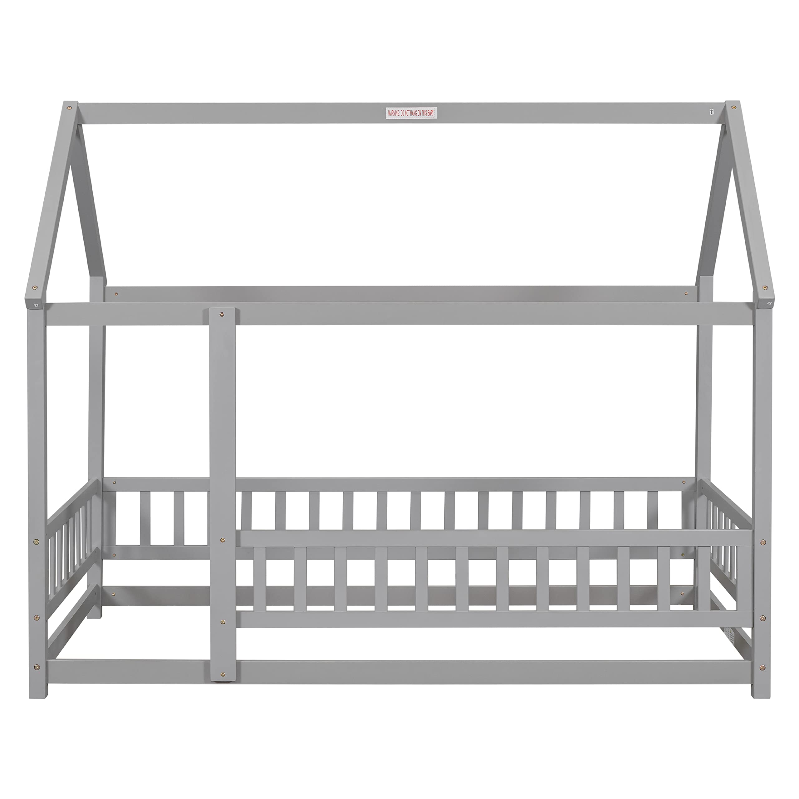 **Wooden Twin House Bed Frame for Kids with Fence & Door - No Box Spring Needed (Gray) - Perfect for Bedrooms, Playrooms & Themed Decor**