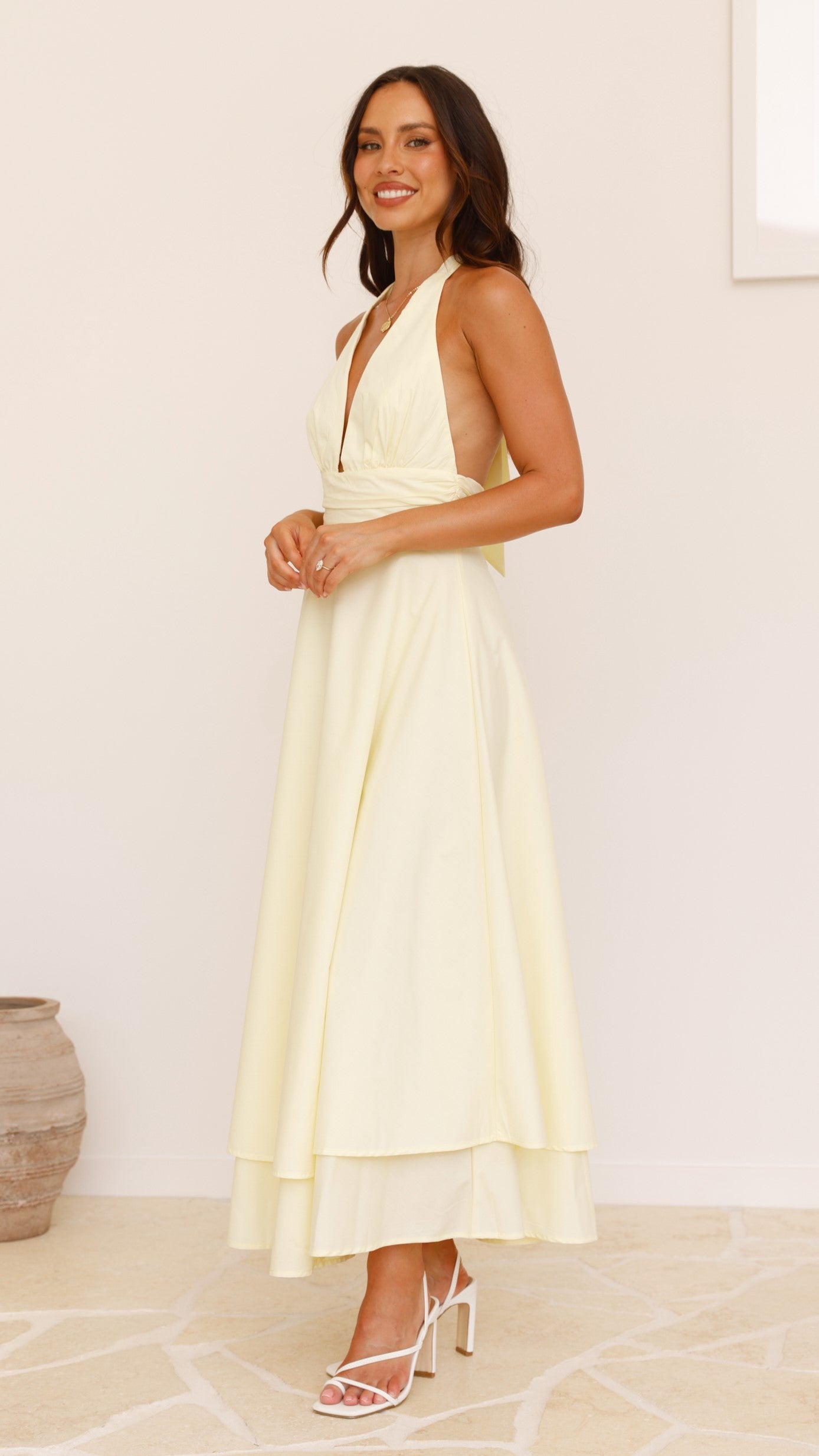 Kathy Halter Neck Maxi Dress in Lemon Yellow - Elegant Summer Beach Dress for Women, Perfect for Vacations, Weddings & Outdoor Parties
