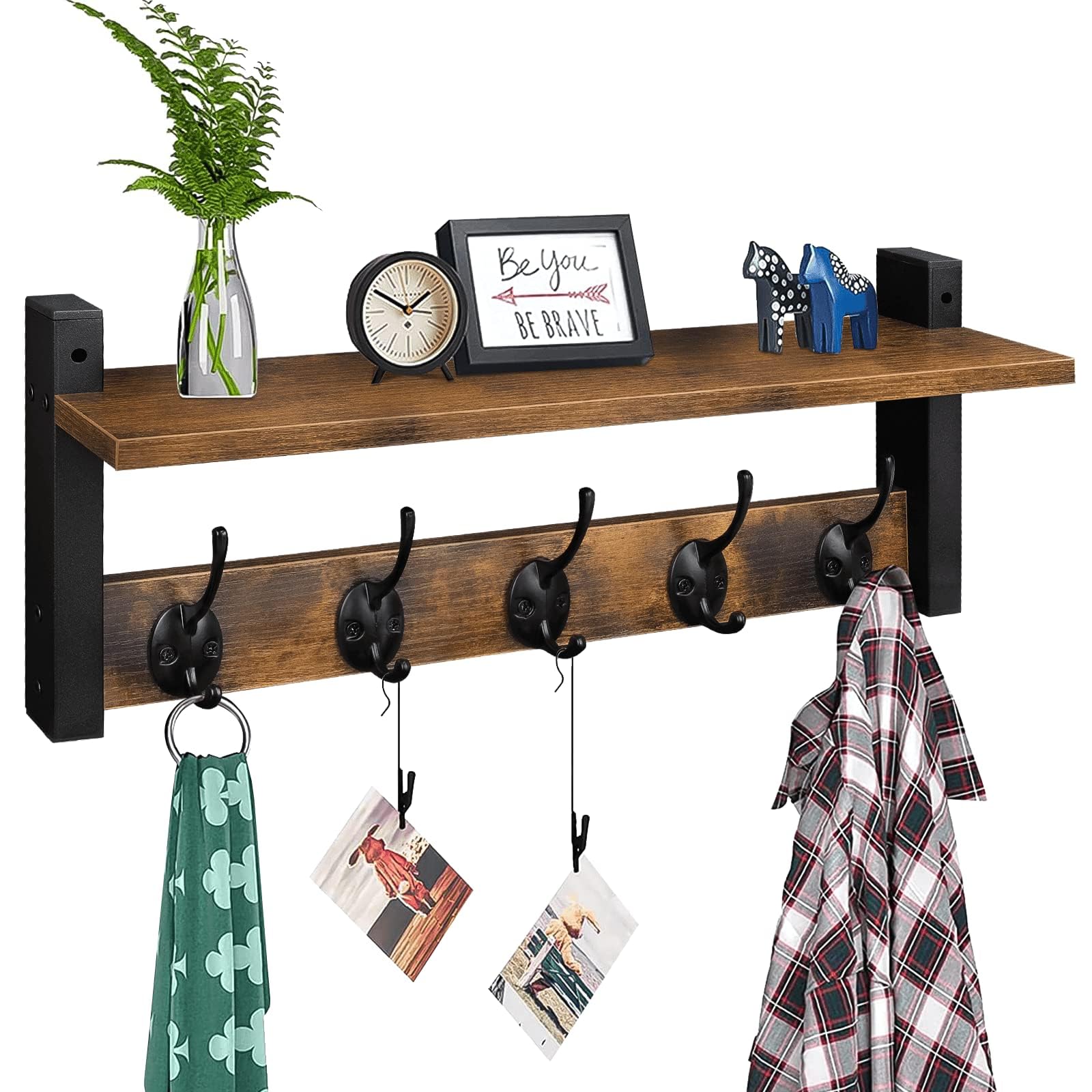 Homode Wall Mounted Coat Rack with Shelf - 5 Sturdy Metal Hooks for Hanging Clothes, Hats, Towels & Robes - Rustic Brown & Black Entryway Organizer for Bathroom, Mudroom, Bedroom & Hallway - Space Saving Storage Solution for Small Homes & Apartments