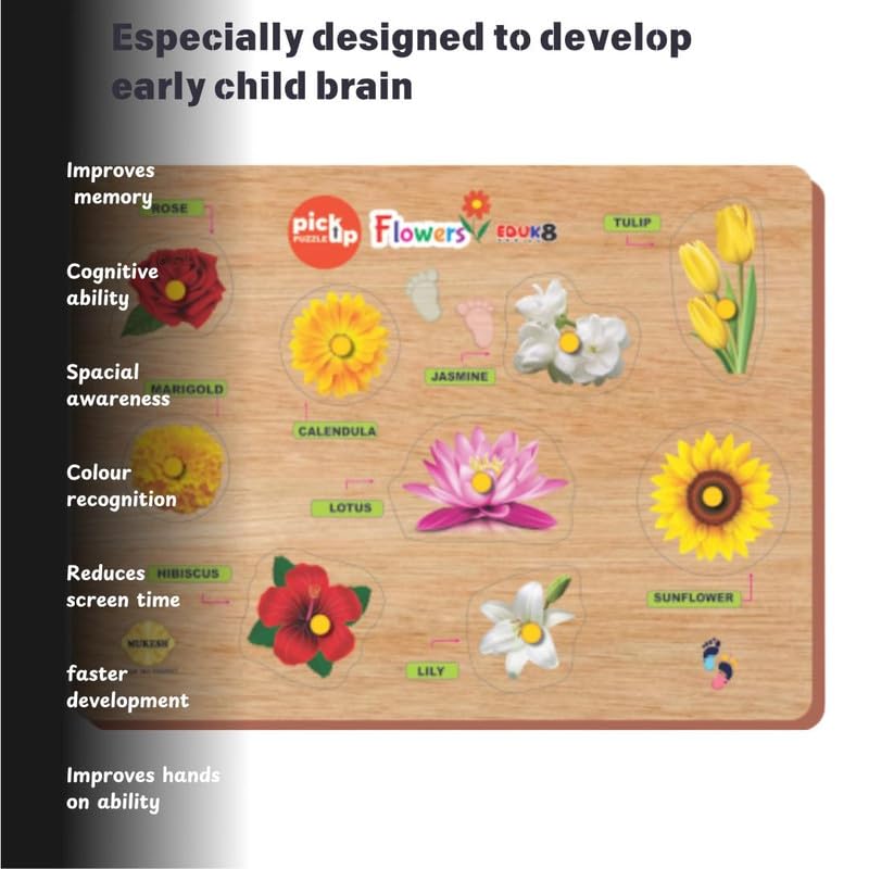 Wooden Flower Jigsaw Puzzles for Kids - Educational Learning Toys for Toddlers & Preschoolers | BIS Certified Knob Puzzle Set (22x29cm) | Perfect for Montessori, Classroom & Home Playtime
