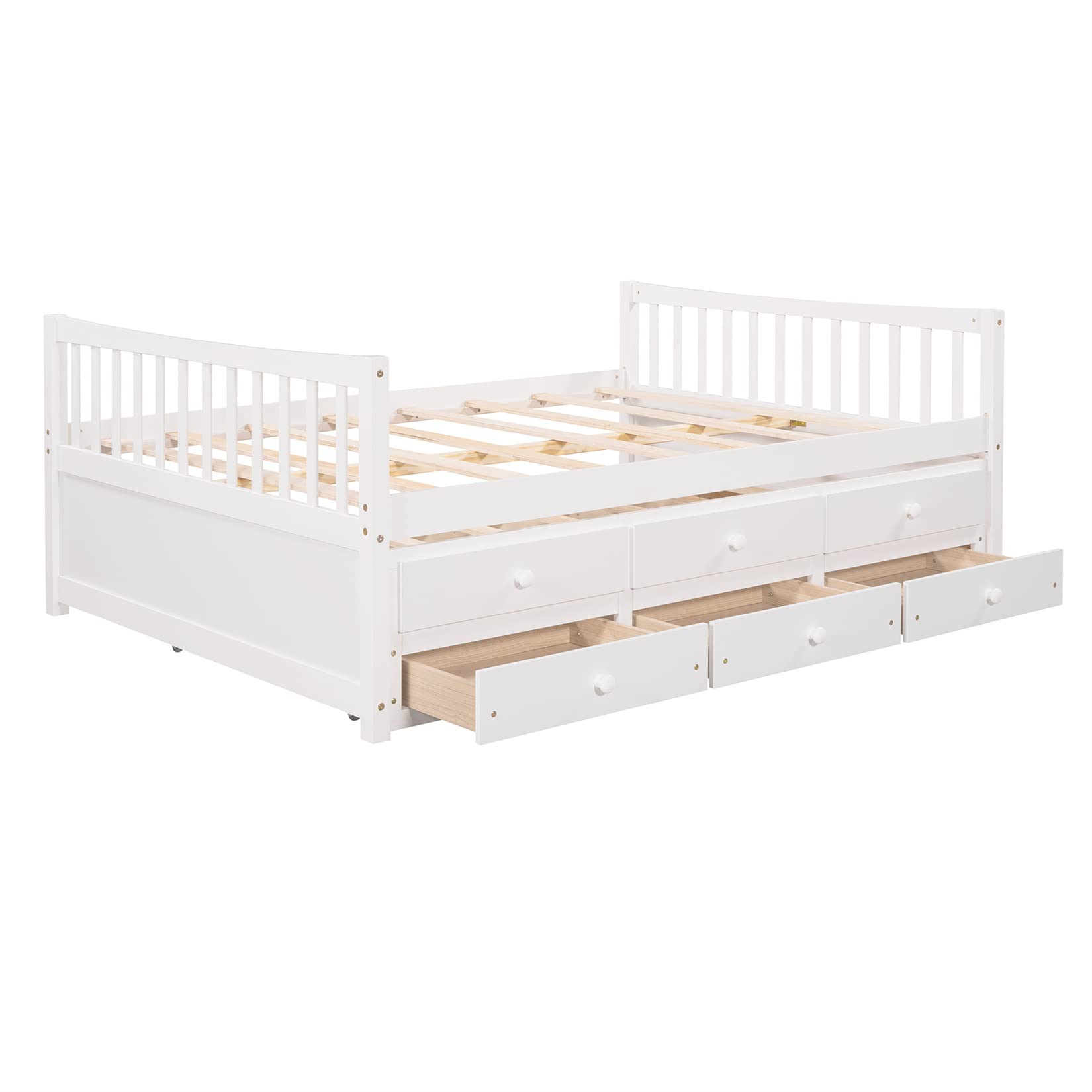 Bellemave Full Size Daybed with Trundle and 3 Storage Drawers - Wooden Platform Bed Frame for Kids, Teens, Boys & Girls - White - Perfect for Guest Rooms, Dormitories & Small Spaces