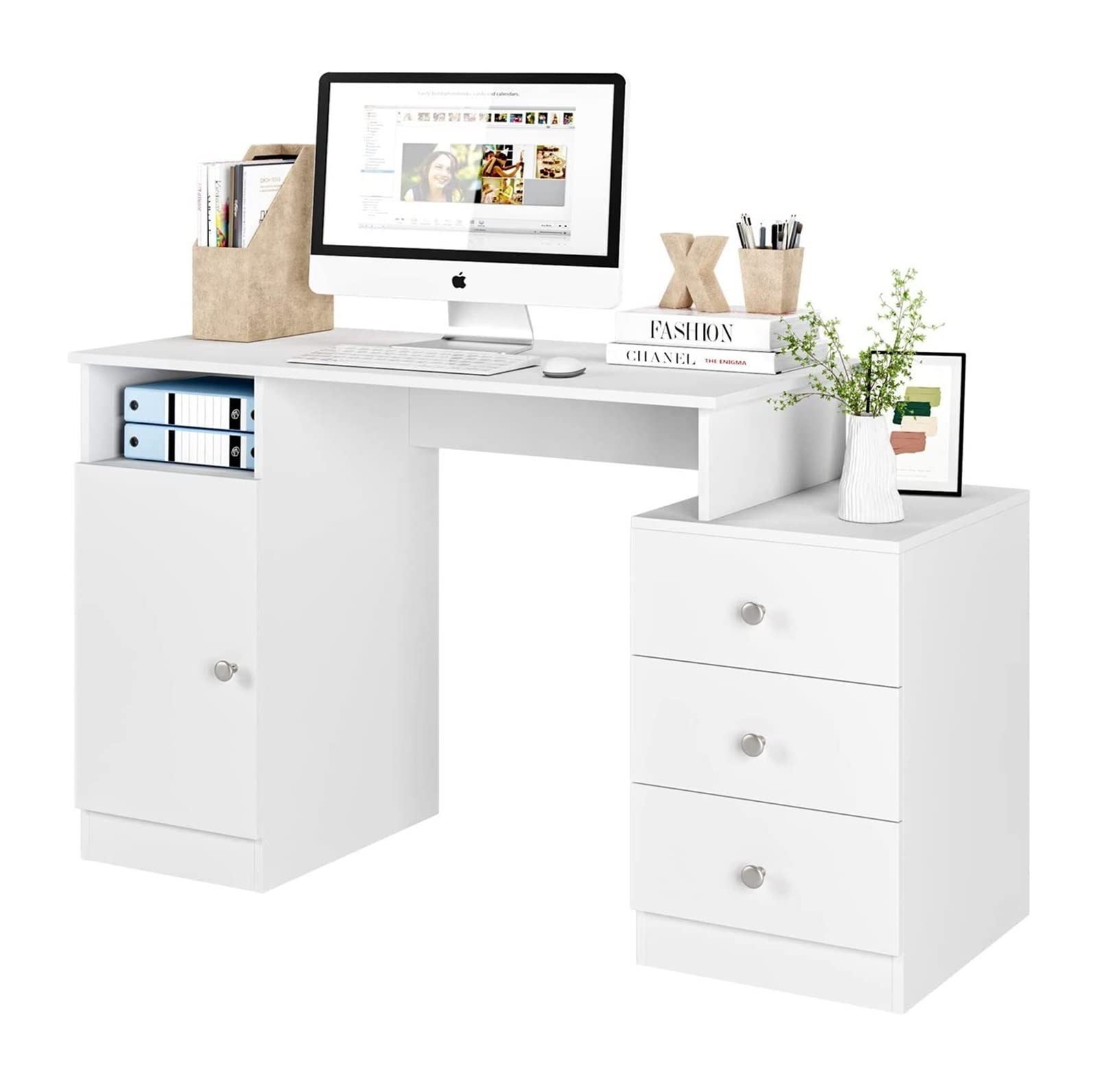 White Wooden Computer Desk with 3 Drawers & Cabinet - 133x50x75.5cm Study Workstation for Home Office, Gaming & Remote Work - Space-Saving Modern PC Laptop Desk (White)