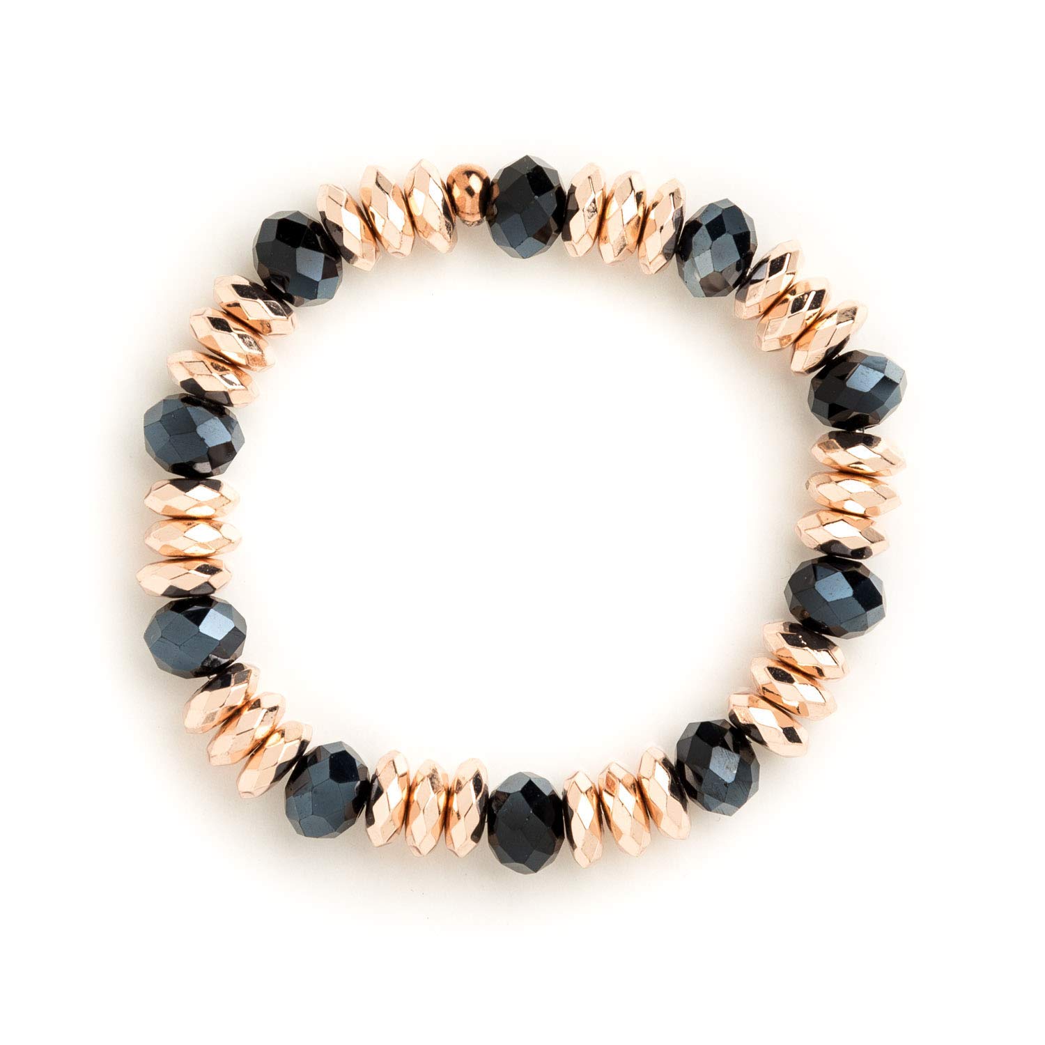 Hematite Rose Gold Navy Blue Rhondelle Stretch Bracelet for Women - Elegant Beaded Jewelry for Everyday Wear, Gift Ideas, Yoga & Meditation Accessories