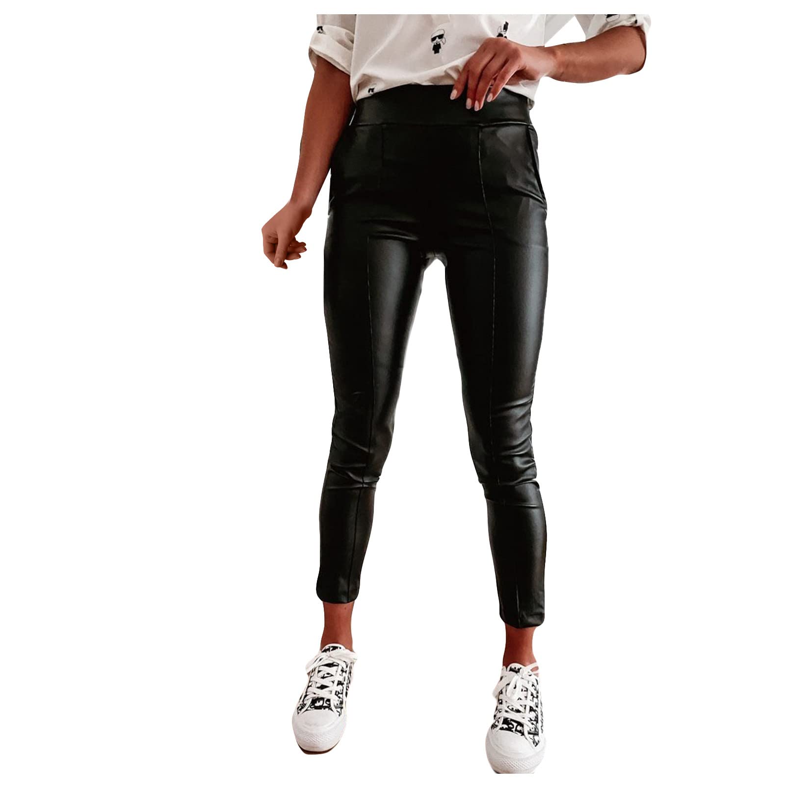 OCLUN Women's High Waist Stretch Leather Pants - Casual Black Loose Leggings with Pockets, Straight Leg Trousers for Work, Party & Everyday Wear