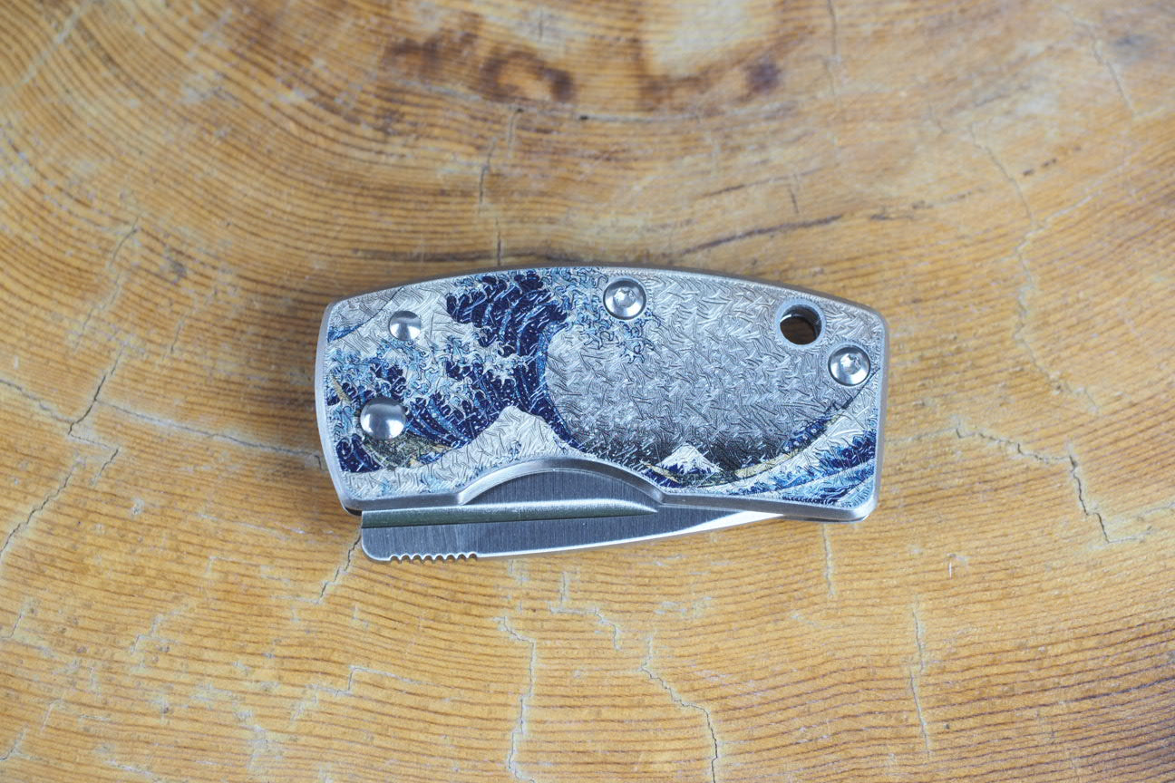 UKIMON TANTO Money Clip Knife with VG10 Core Steel - Japanese Ukiyo-e Prints Design (Mt.Fuji/Blue Wave) - Perfect for EDC, Gift Giving & Collection