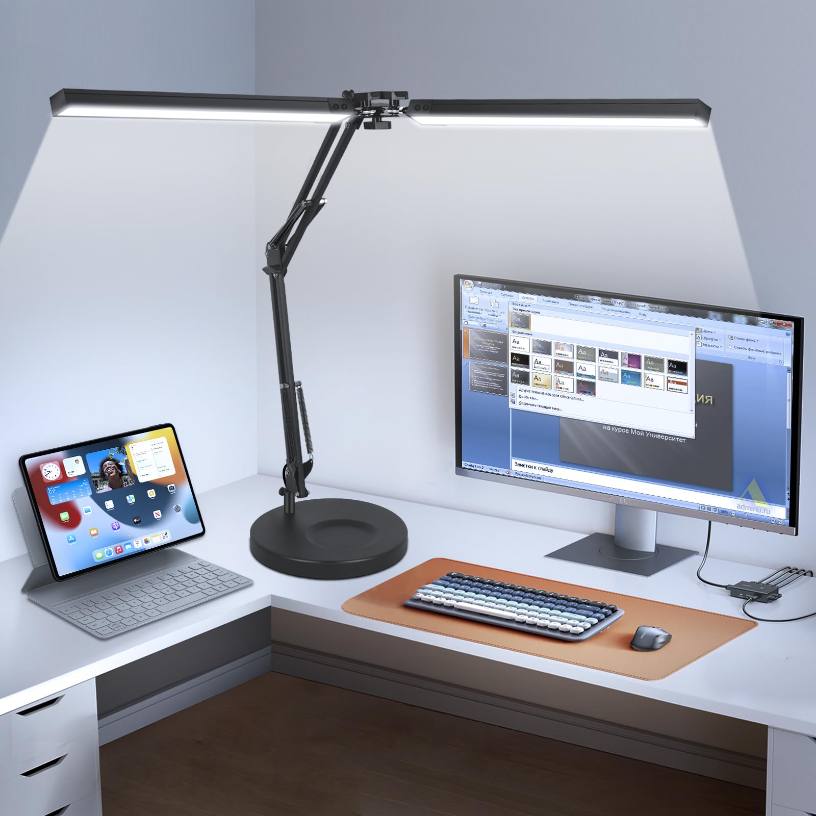 2-in-1 LED Desk Lamp with Clamp - 24W Brightest Adjustable Swing Arm Table Light - 3 Color Modes & Stepless Dimmable Double Head Architect Lamp for Home Office, Workbench, Reading & Study
