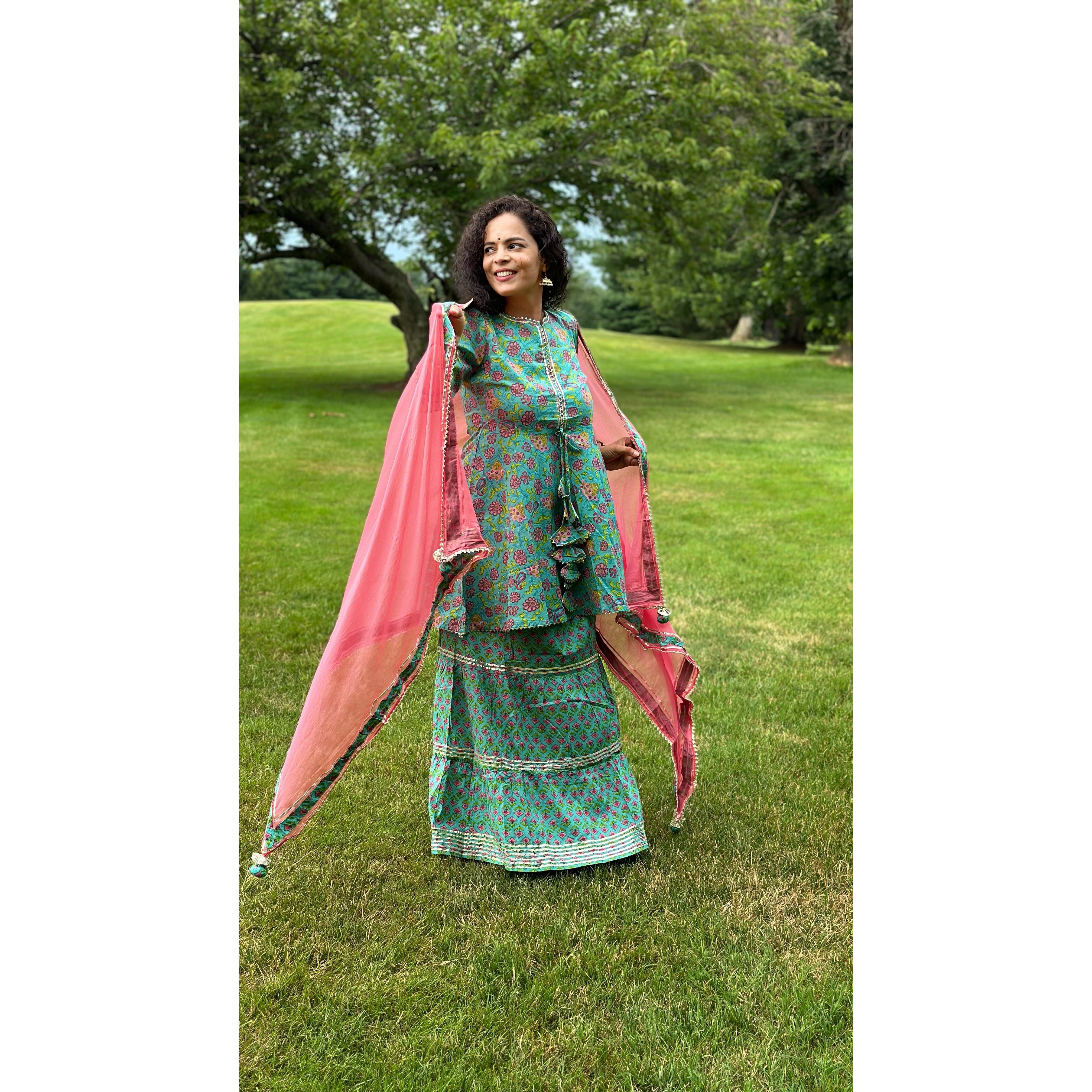 Stylish Sea Green Printed Kurti Set with Skirt & Dupatta - Perfect for Festivals, Weddings & Ethnic Occasions