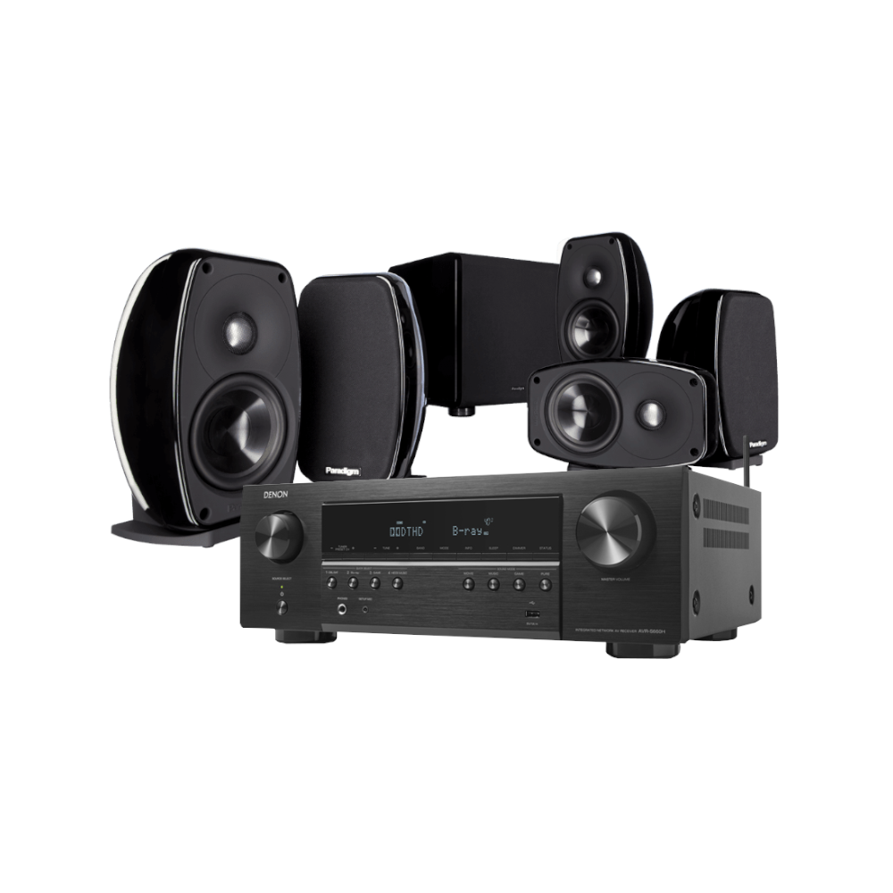 Denon AVR-X250BT 5.2 Channel AV Receiver with Paradigm Cinema 100CT 5.1 Home Theater Speaker System - Perfect for Movie Nights, Gaming & Music Listening in Your Living Room or Home Theater