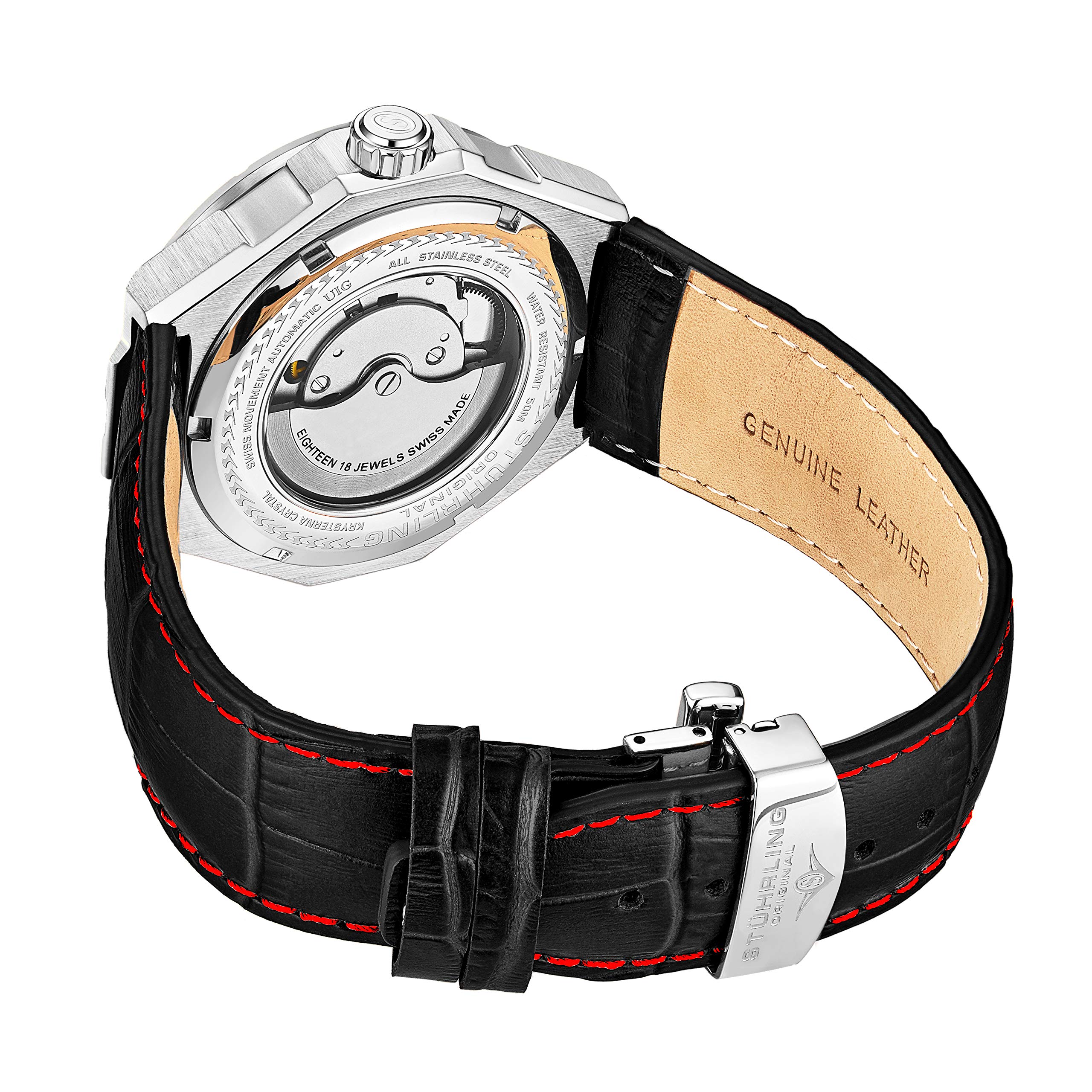 Stuhrling Original Men's Swiss Automatic Skeleton Watch - Self-Winding Mechanical Dress Watch with Genuine Leather Strap for Business & Formal Occasions
