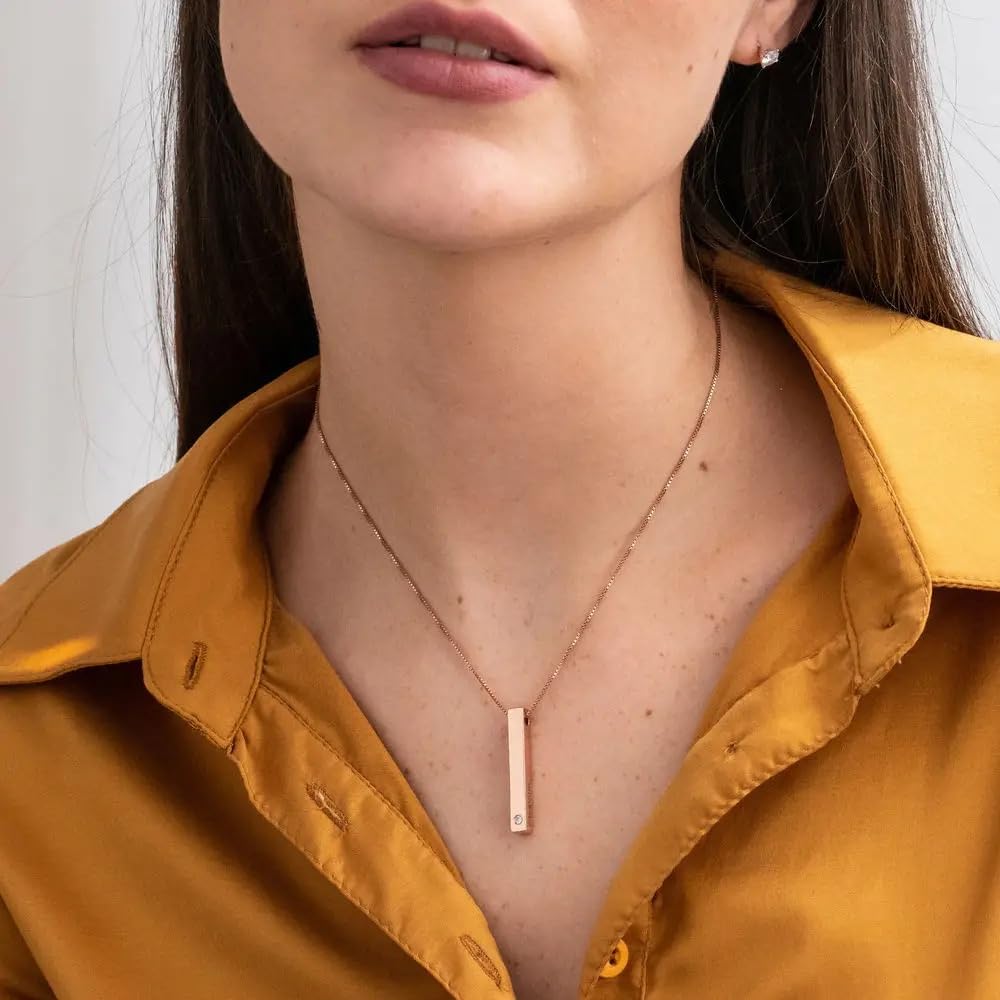 Custom Engraved 3D Totem Bar Necklace for Women - Personalized Vertical Pendant with Diamond or Cubic Zirconia Options - Elegant Jewelry Gift for Christmas, Mother's Day, Anniversary - Perfect for Everyday Wear, Date Nights & Special Occasions