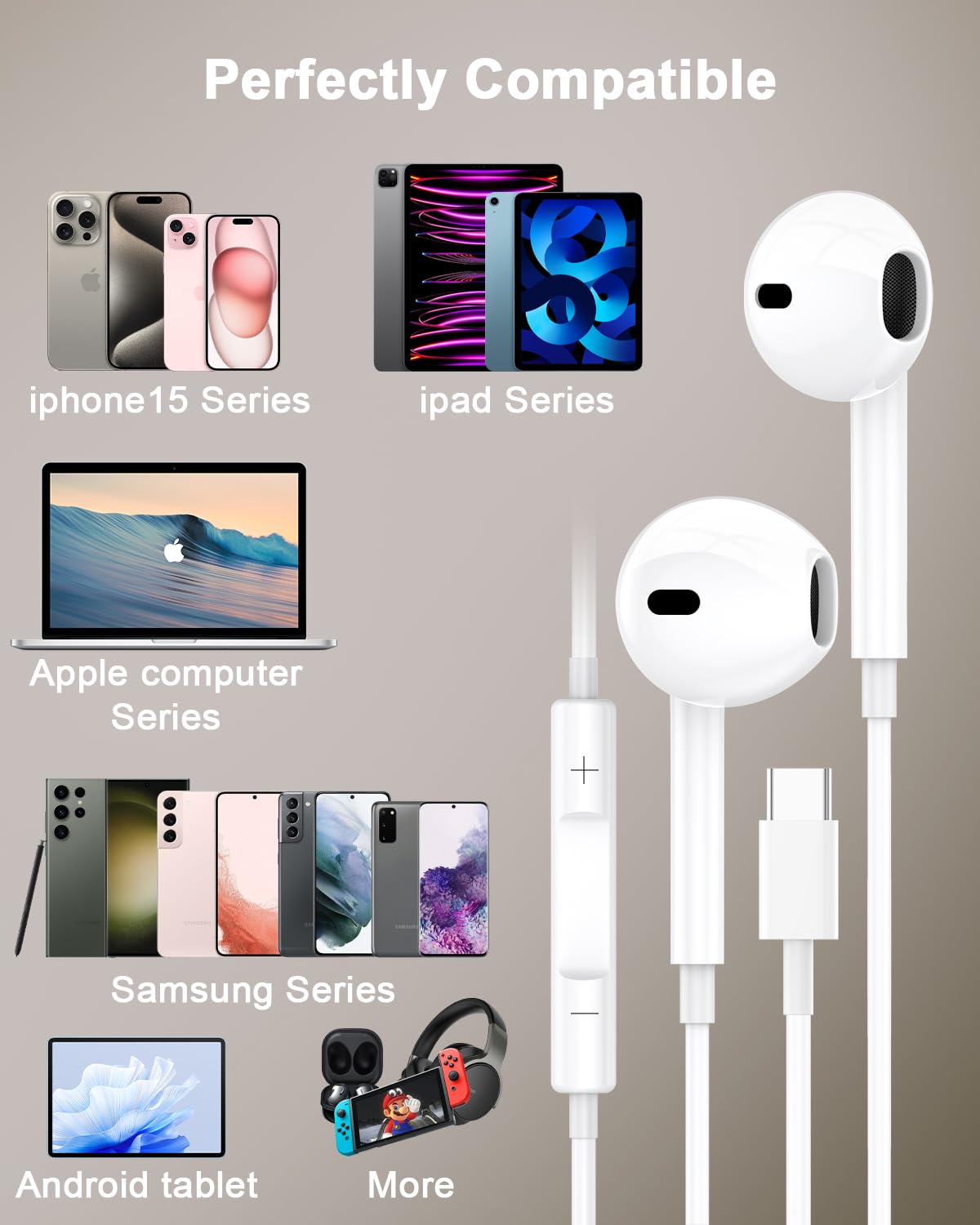 3 Pack USB-C Wired Earbuds for iPhone 15 Plus/Pro Max, Samsung Galaxy S24/S23/S22/S21, iPad Pro - HiFi Stereo Sound, Noise Reduction, Built-in Mic & Volume Control - Perfect for Commuting, Workouts & Gaming