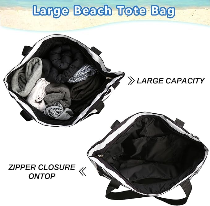 HirTa Women's Large Waterproof Western Hobo Shoulder Bag - Sandproof Beach Tote with Zipper & Wet Pockets for Travel, Pool, Grocery Shopping & Teacher Use - Black Checkered Pattern