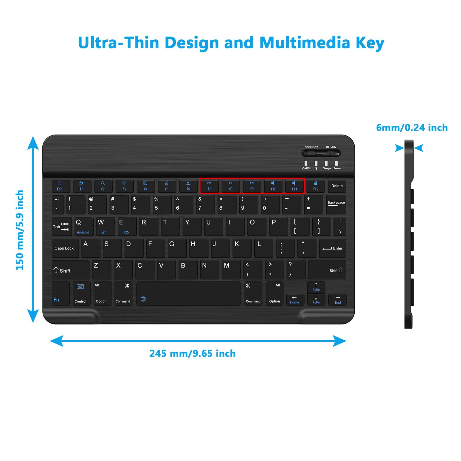 Ultra-Slim Bluetooth Keyboard for iPad, iPhone & Android Tablets - Portable Rechargeable Wireless Keyboard Compatible with iPad Air/Pro/Mini, Samsung Galaxy Tab - Perfect for Travel, Office & Home Use (Black)