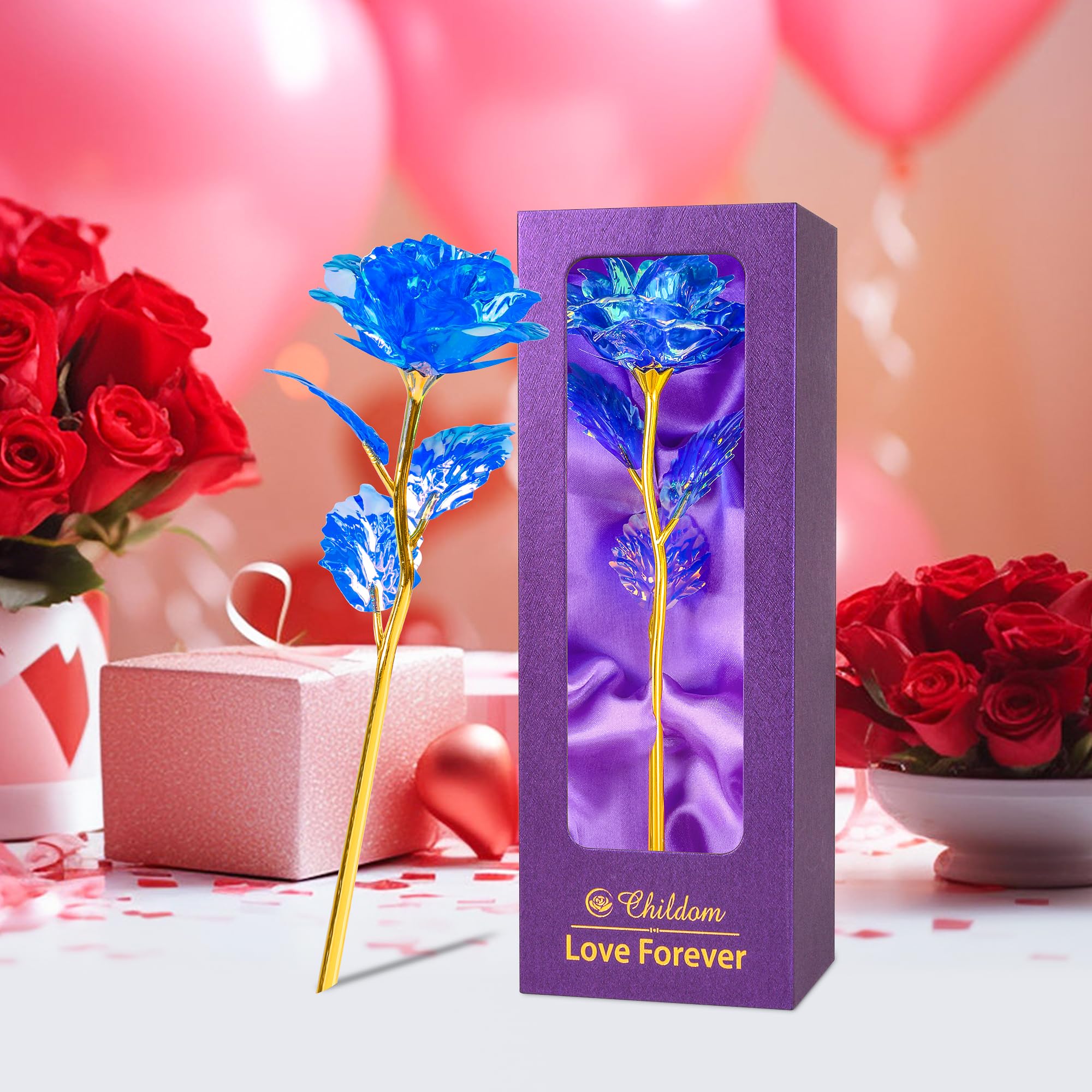 Childom Artificial Blue Rose Flower Gift Set - Perfect Mother's Day, Birthday, Anniversary & Valentine's Gift for Mom, Wife, Grandma from Daughter or Son | Elegant Home Decor & Special Occasion Present