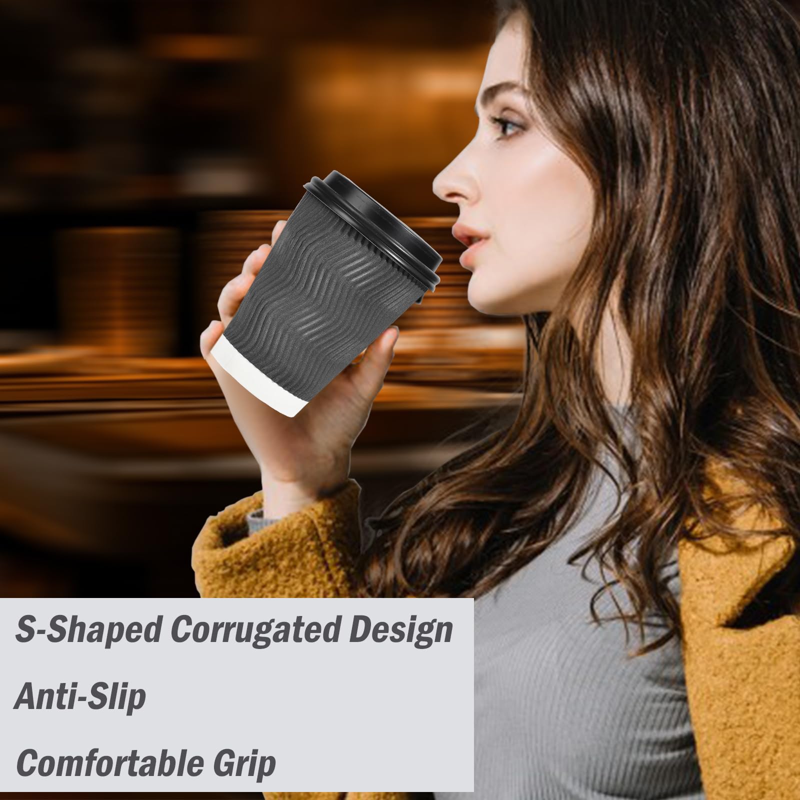 Lamosi 500 Pack - 12 oz Insulated Disposable Coffee Cups with Lids, To-Go Paper Coffee Cups for Hot Drinks, Corrugated Ripple Wall Design for Office, Coffee Bar, Cafes, and Takeout - Grey