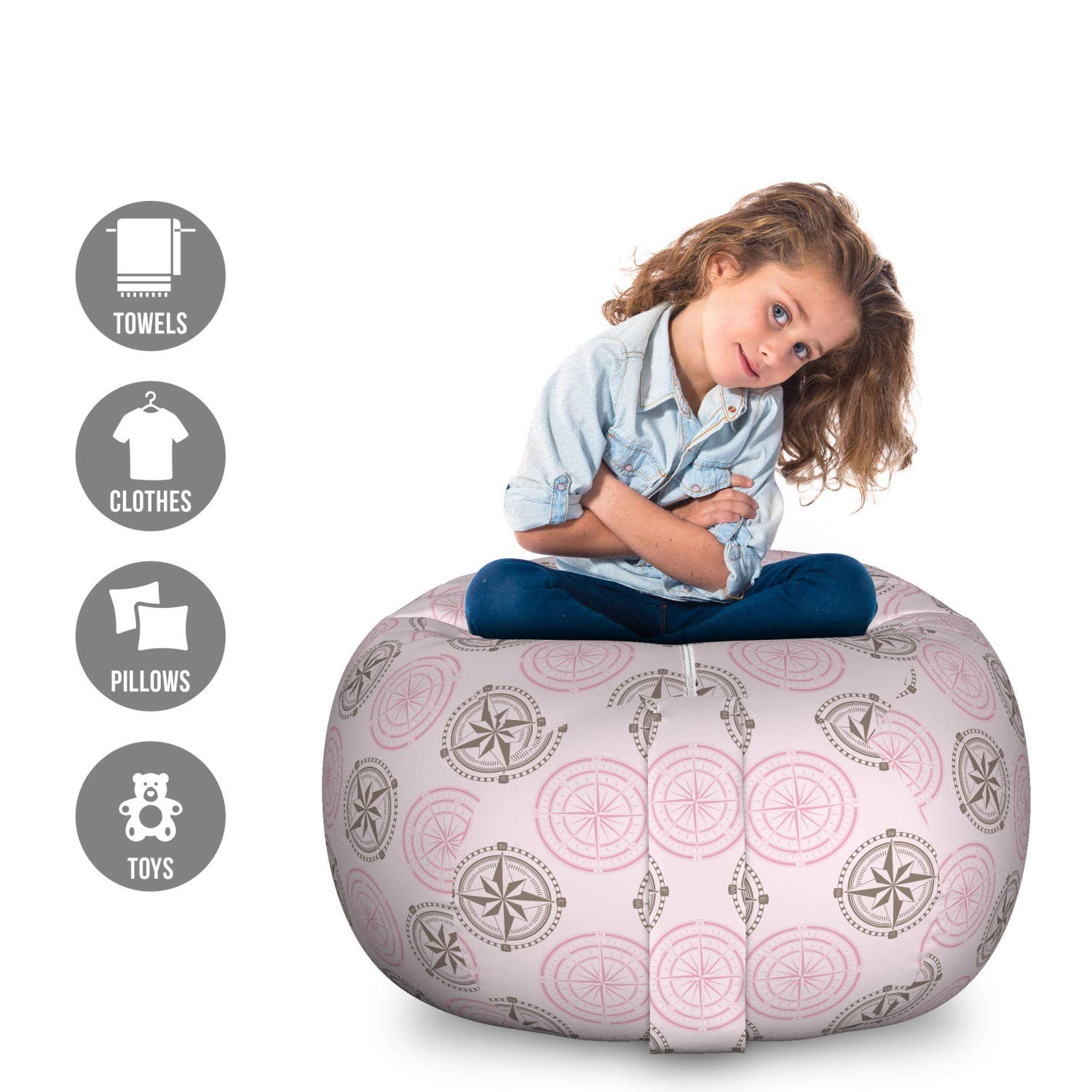 Ambesonne Compass Pattern Storage Toy Bag Chair - Windrose & Circular Design Stuffed Animal Organizer - Washable Large Size in Pale Mauve Pink | Kids Room Decor, Nursery Storage, Playroom Organization