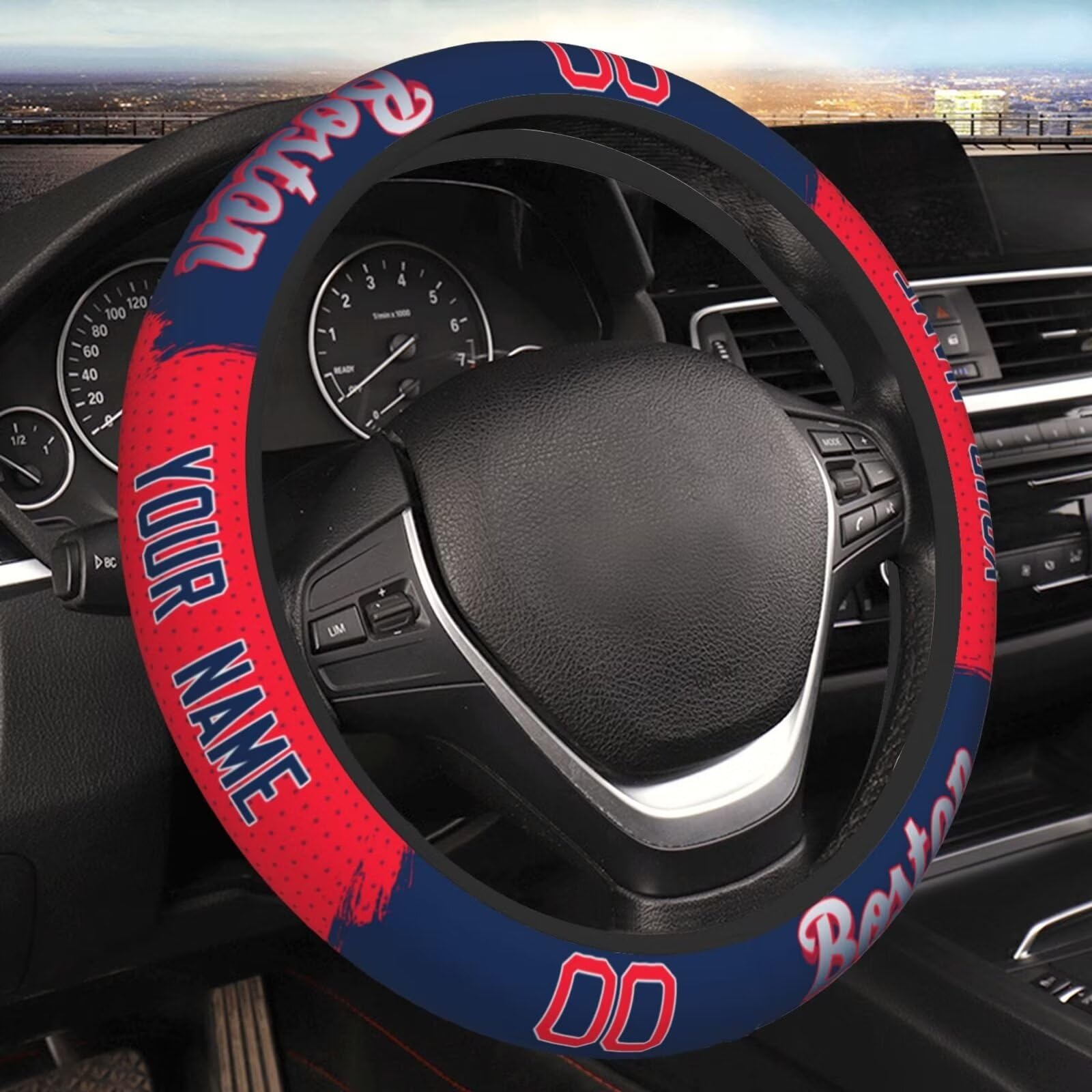 Custom Boston Car Steering Wheel Cover - Personalized Name & Number, Anti-Slip Elastic Baseball Design - Universal 15 Inch Fit for Most Cars, SUVs, ATVs & Trucks - Perfect for Sports Fans & Safe Driving