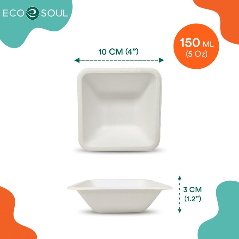 ECO SOUL 150ml (5oz) 50-Pack Biodegradable Sugarcane Bowls - Eco-Friendly Disposable Square Bowls for Snacks, Salads, Parties, Weddings & Events | Microwave & Freezer Safe | Perfect for Home, Restaurant & Catering Use