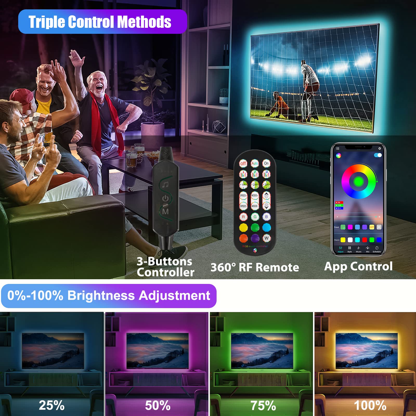 RGB LED Strip Lights for TV - 10ft App & Remote Control, Music Sync - Perfect for Bedroom & PC Monitor
