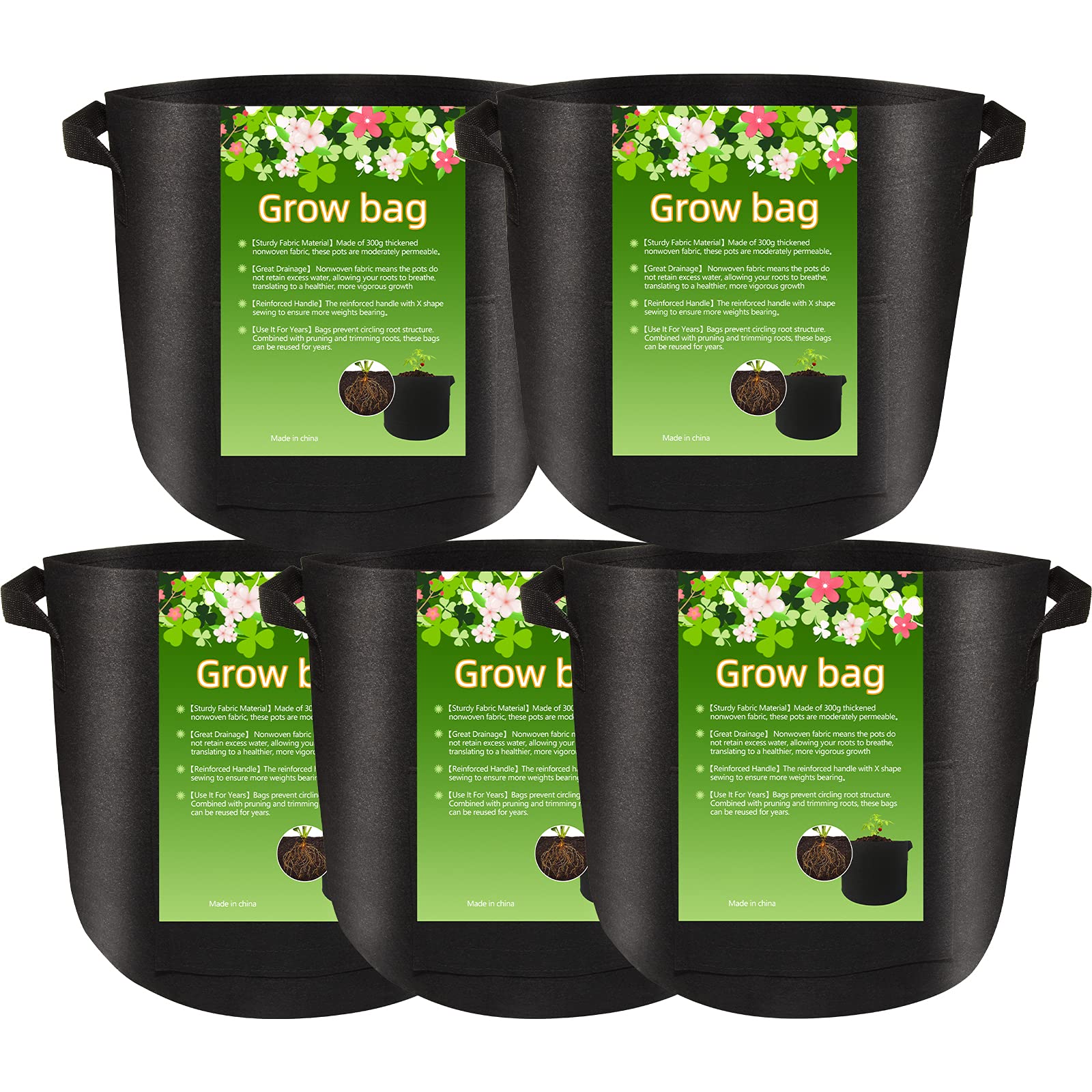 CTH 5 Pack 3 Gallon Aeration Fabric Grow Bags with Handles - Heavy Duty Thickened Nonwoven Plant Pots for Vegetables, Herbs & Flowers - Ideal for Indoor/Outdoor Gardening, Balcony & Raised Bed Planting
