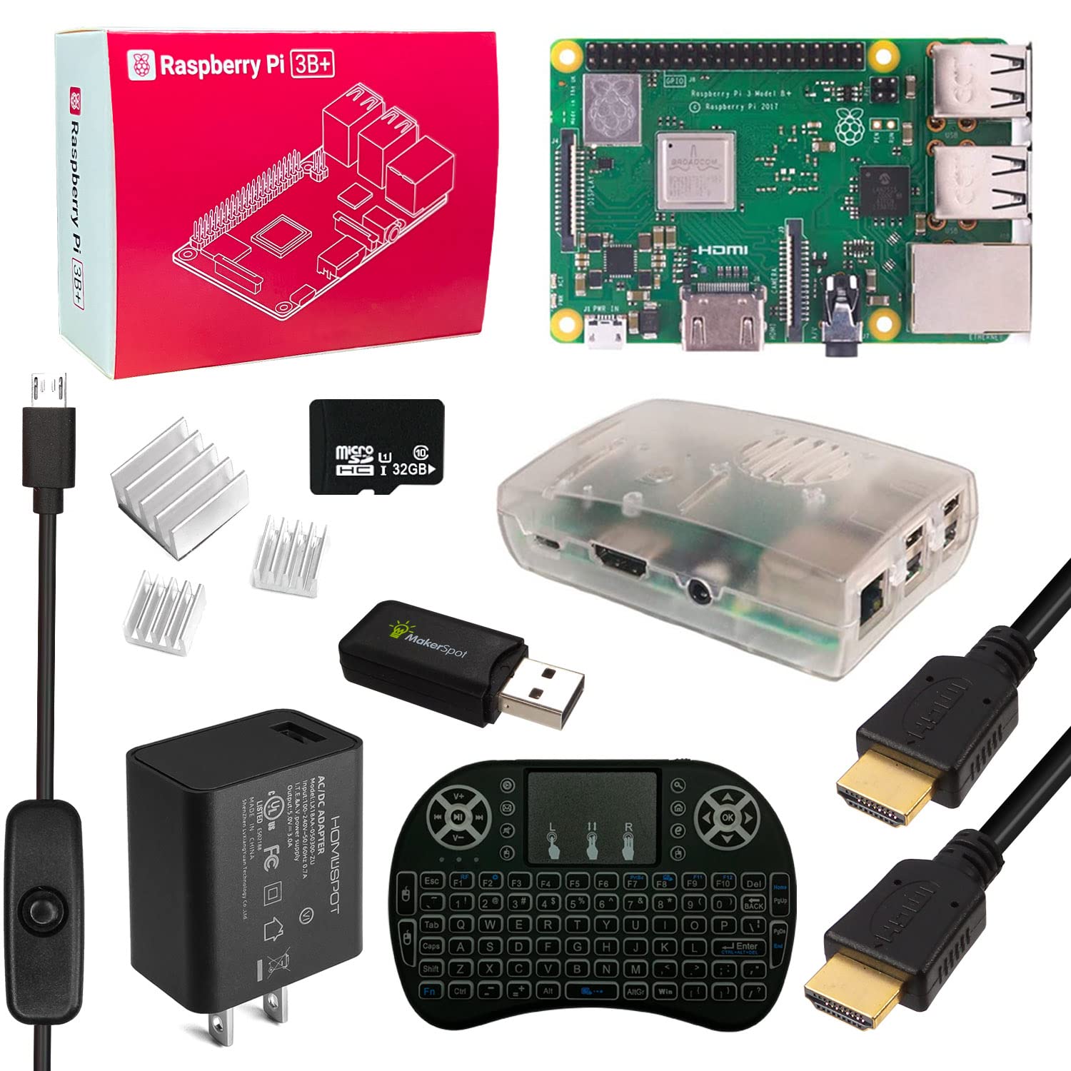 Raspberry Pi 3 B+ Model B Plus Starter Kit with Mini Wireless Keyboard, 5V3A UL Listed Charger, HDMI Cable, Heat Sink & 32GB MicroSD Card - Perfect for DIY Projects, Home Automation, Coding Education and IoT Development