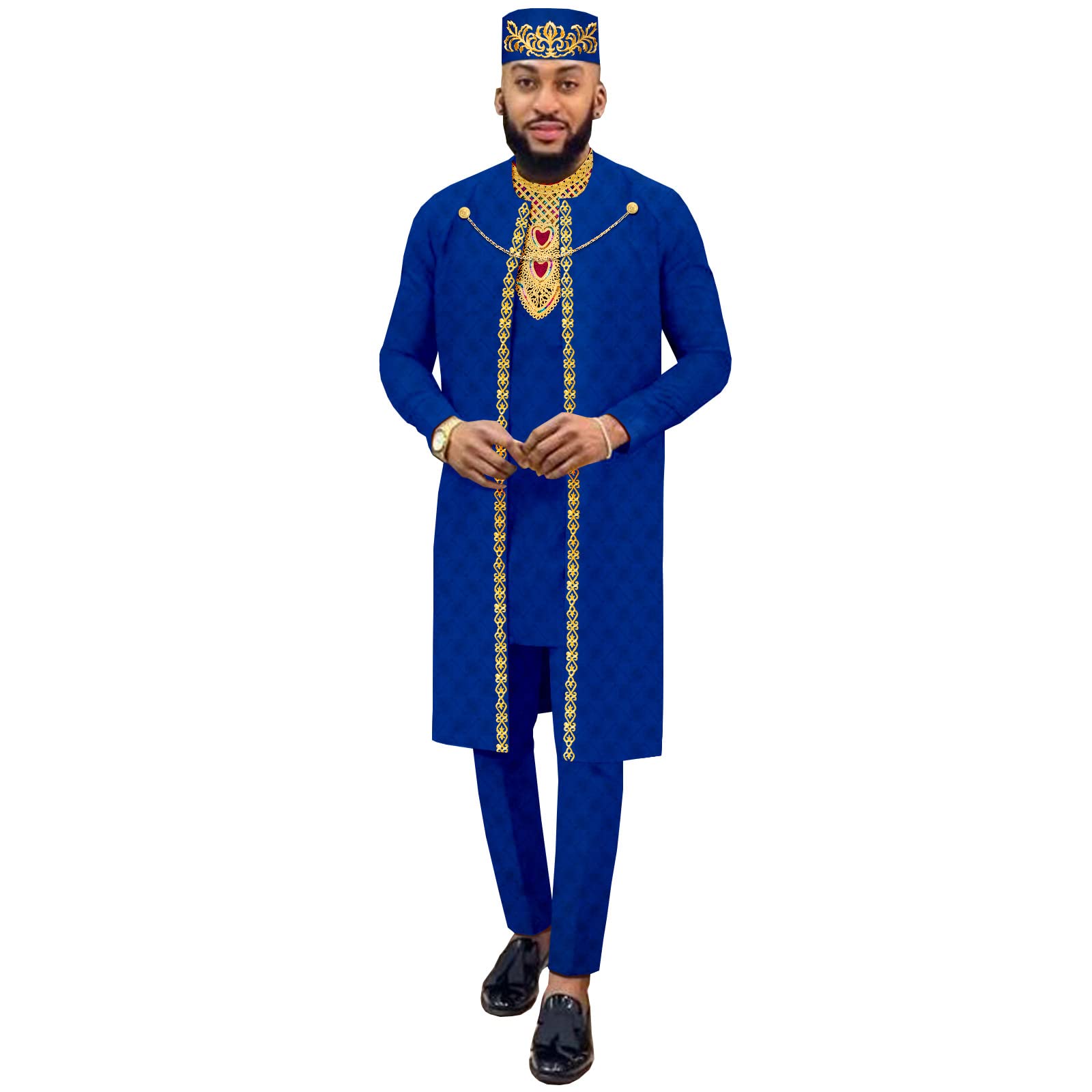 African Embroidery Dashiki Outfit 4-Piece Set for Men - Stylish Jacket, Shirt, Pants & Hat - Perfect for Weddings, Evening Events & Cultural Celebrations