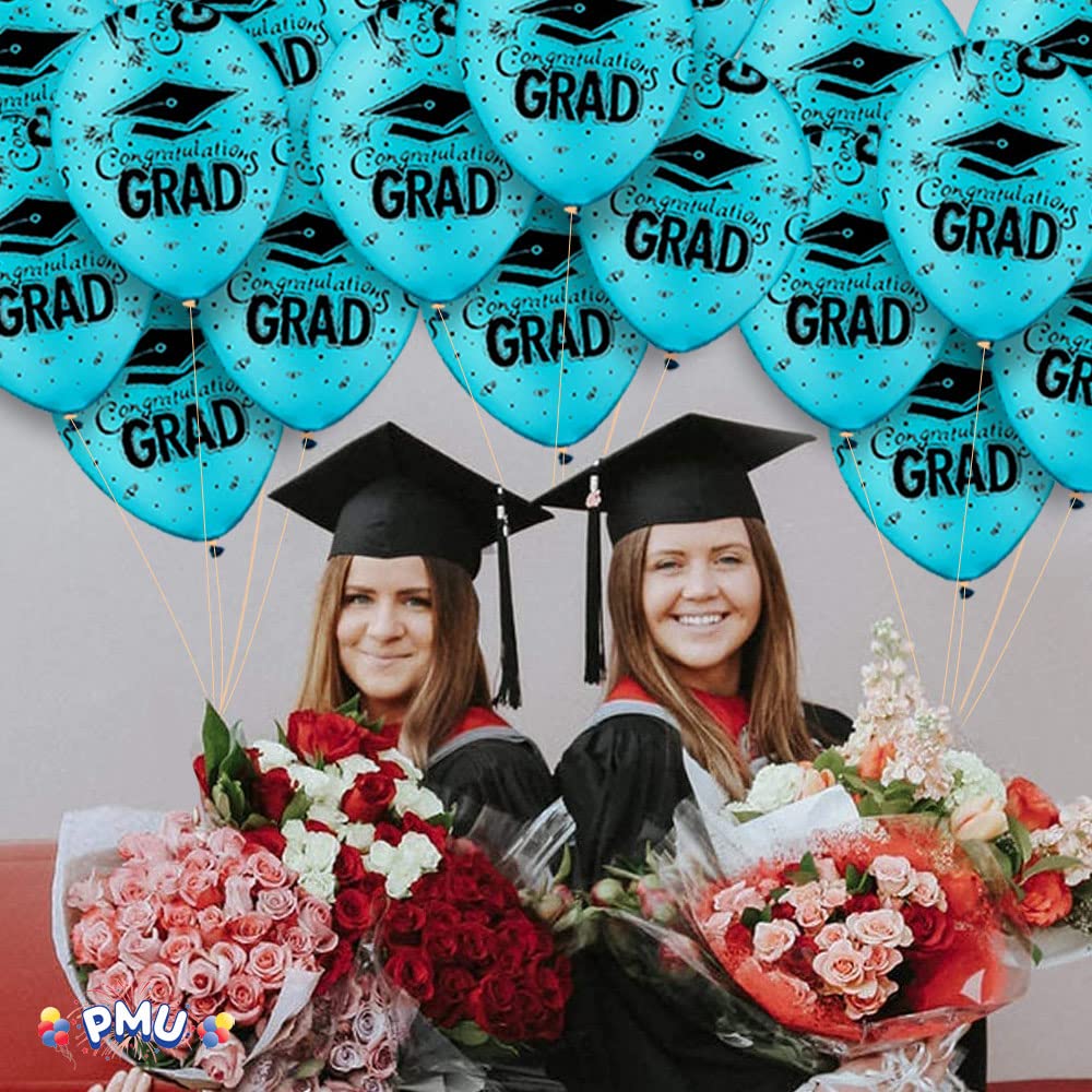 PMU Premium Turquoise Graduation Balloon with All-Over Print Black Graduation Caps - Confetti & Streamers | 100-Pack Latex Balloons for Graduation Parties | Perfect for Graduation Decorations, Photo Backdrops & School Celebration Events