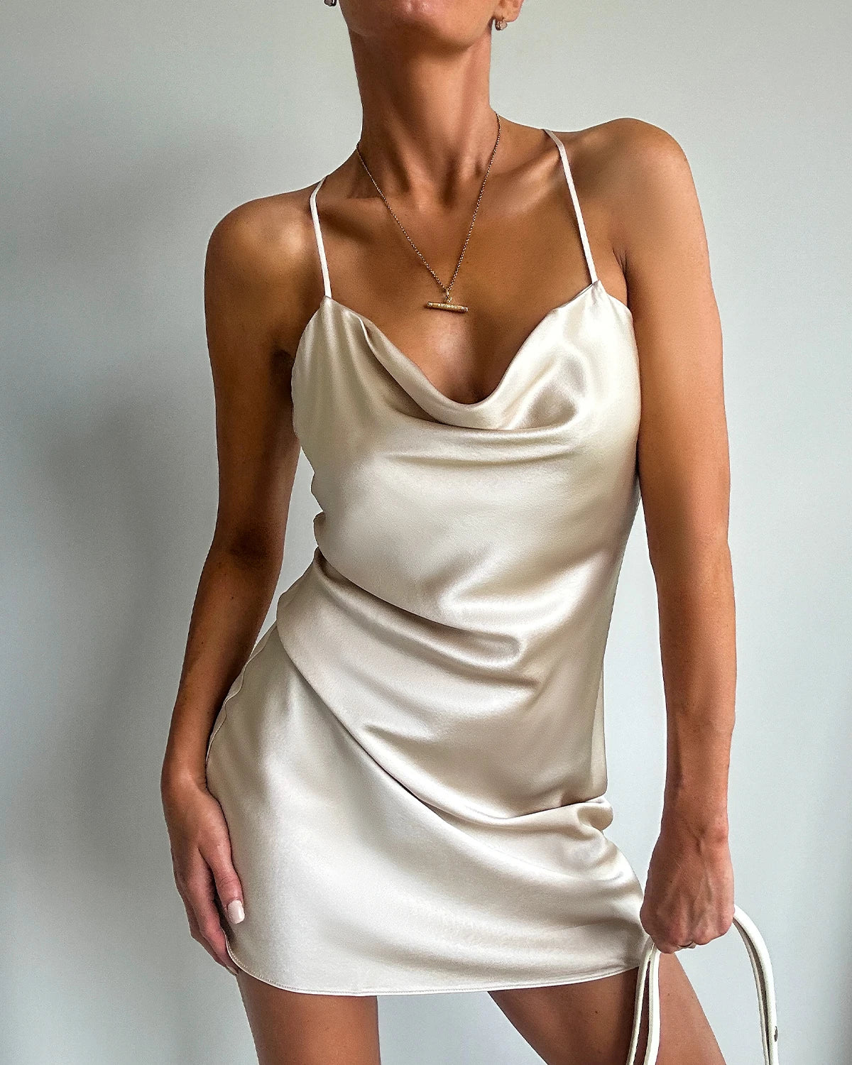 Elegant Cowl Neck Cross Back Mini Silk Dress for Women - Perfect for Date Night, Cocktail Parties & Special Occasions