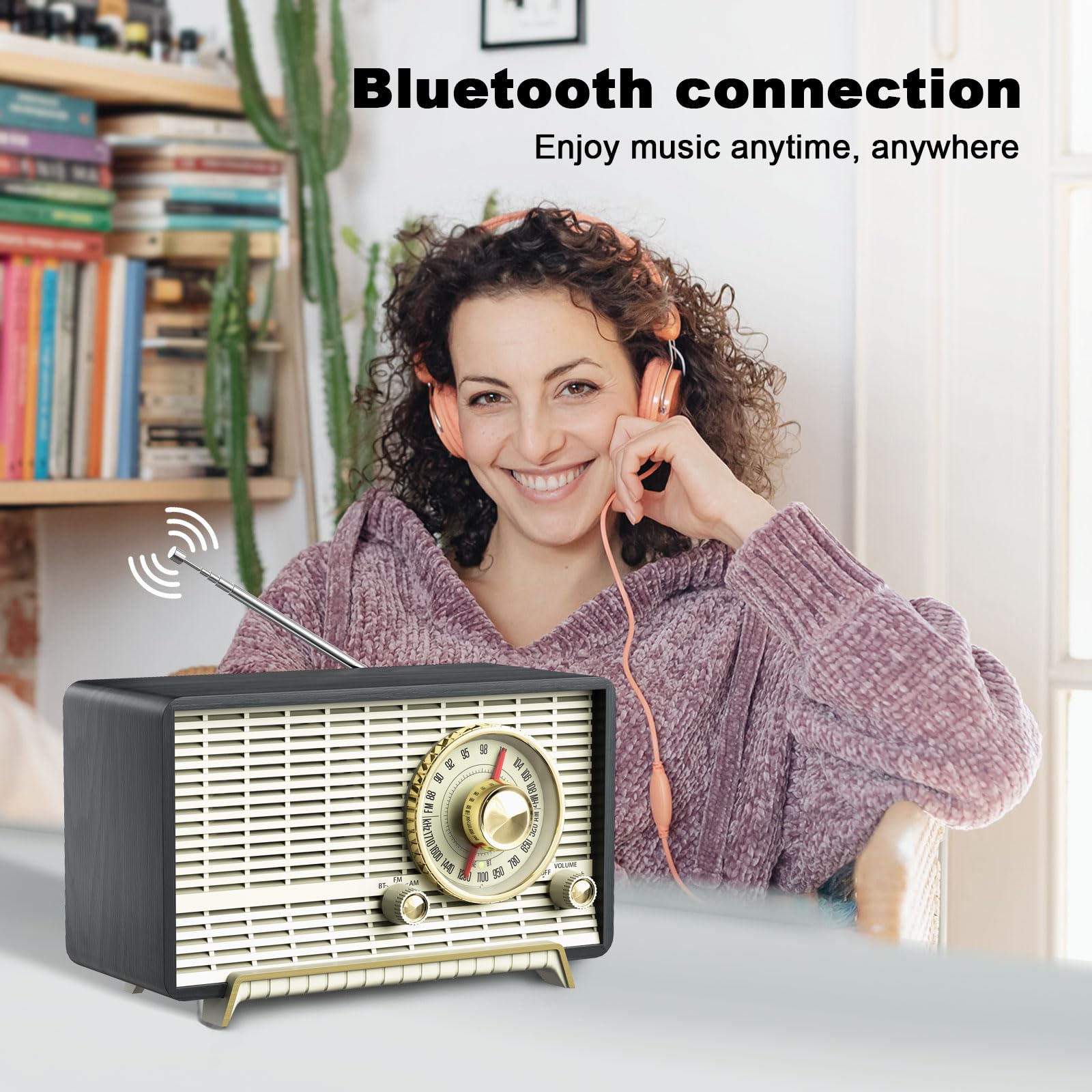 Vintage Wooden AM/FM Radio with Bluetooth Speakers - Classic Retro Table Radio with Rotary Knob, Plug-in Wall Power - Perfect for Home, Office, Bedroom & Kitchen Use