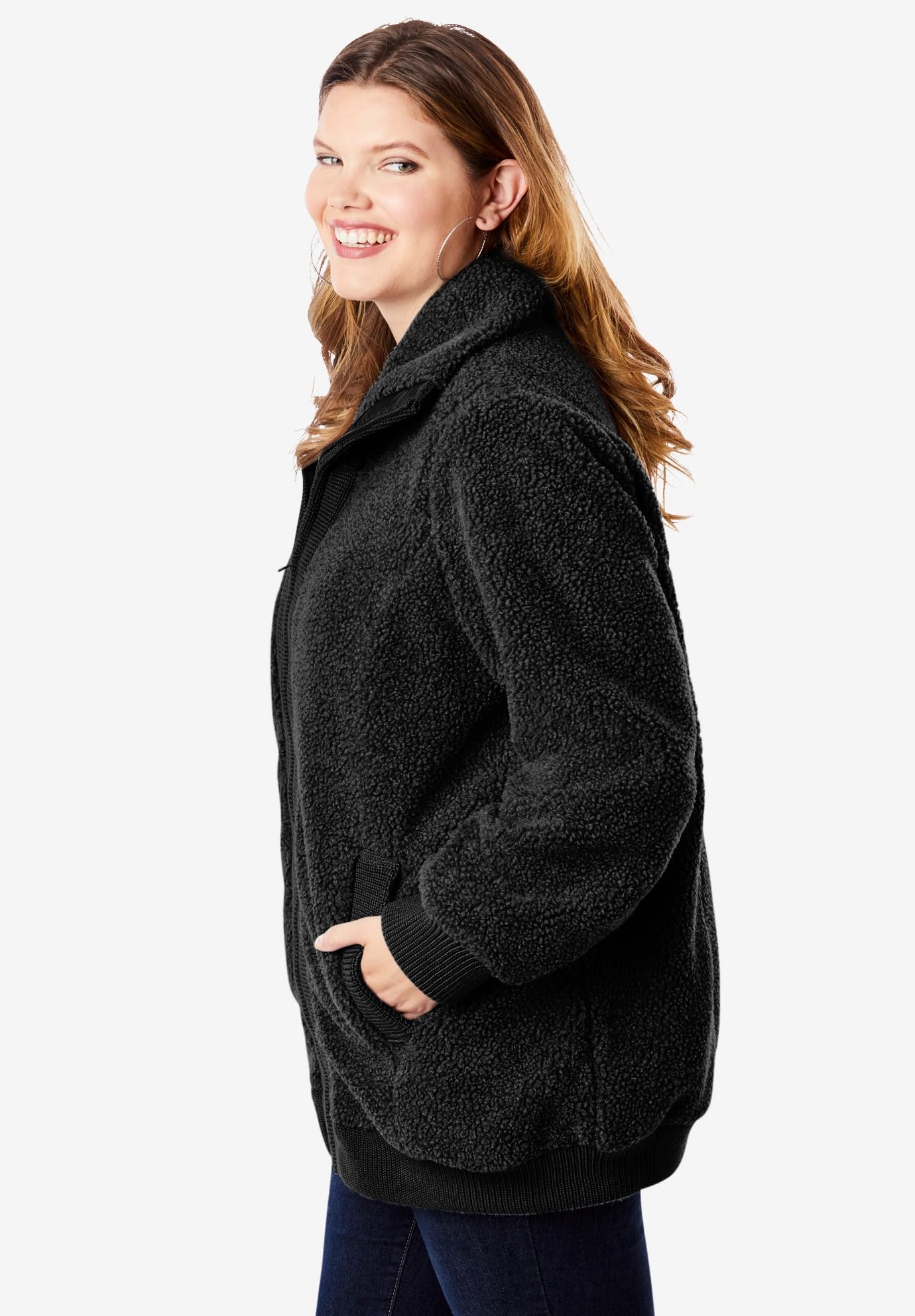 Roaman's Women's Plus Size Mid Weight Teddy Bomber Jacket - Cozy Winter Outerwear for Casual Outings & Street Style Fashion