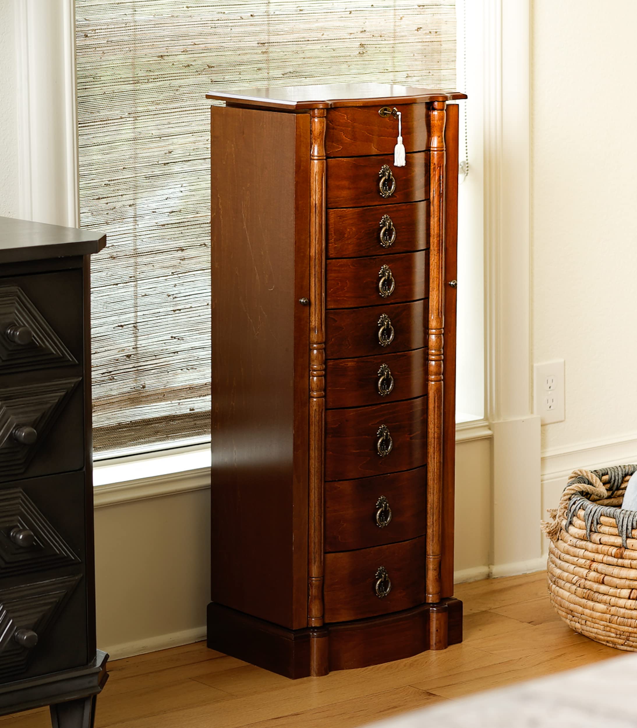 Hives and Honey Sheffield Standing Armoire Jewelry Cabinet - Walnut Wood Jewelry Storage Organizer with Mirror | Perfect for Bedroom, Closet & Dressing Room Organization