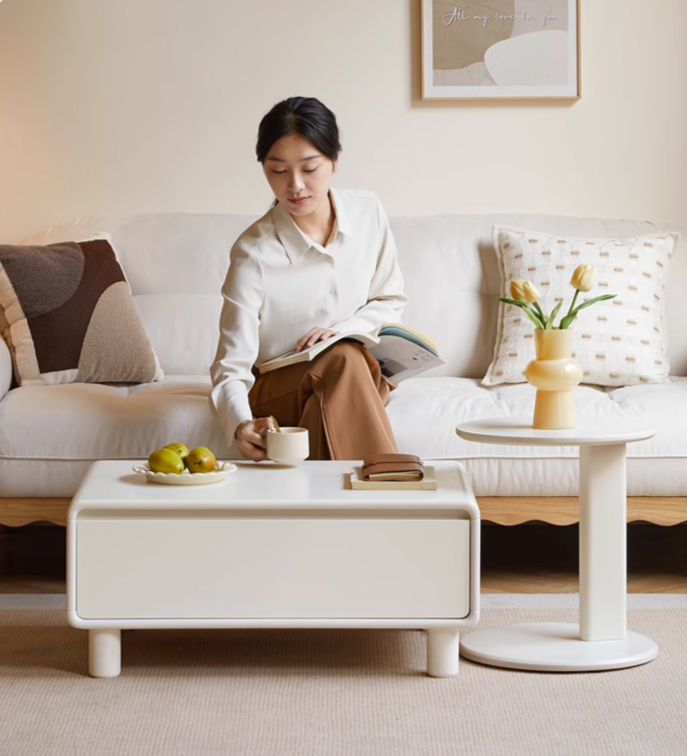 Modern Oak Solid Wood Coffee Table - Cream Finish, Minimalist Design for Living Room, Lounge, or Office - Durable & Stylish Home Decor