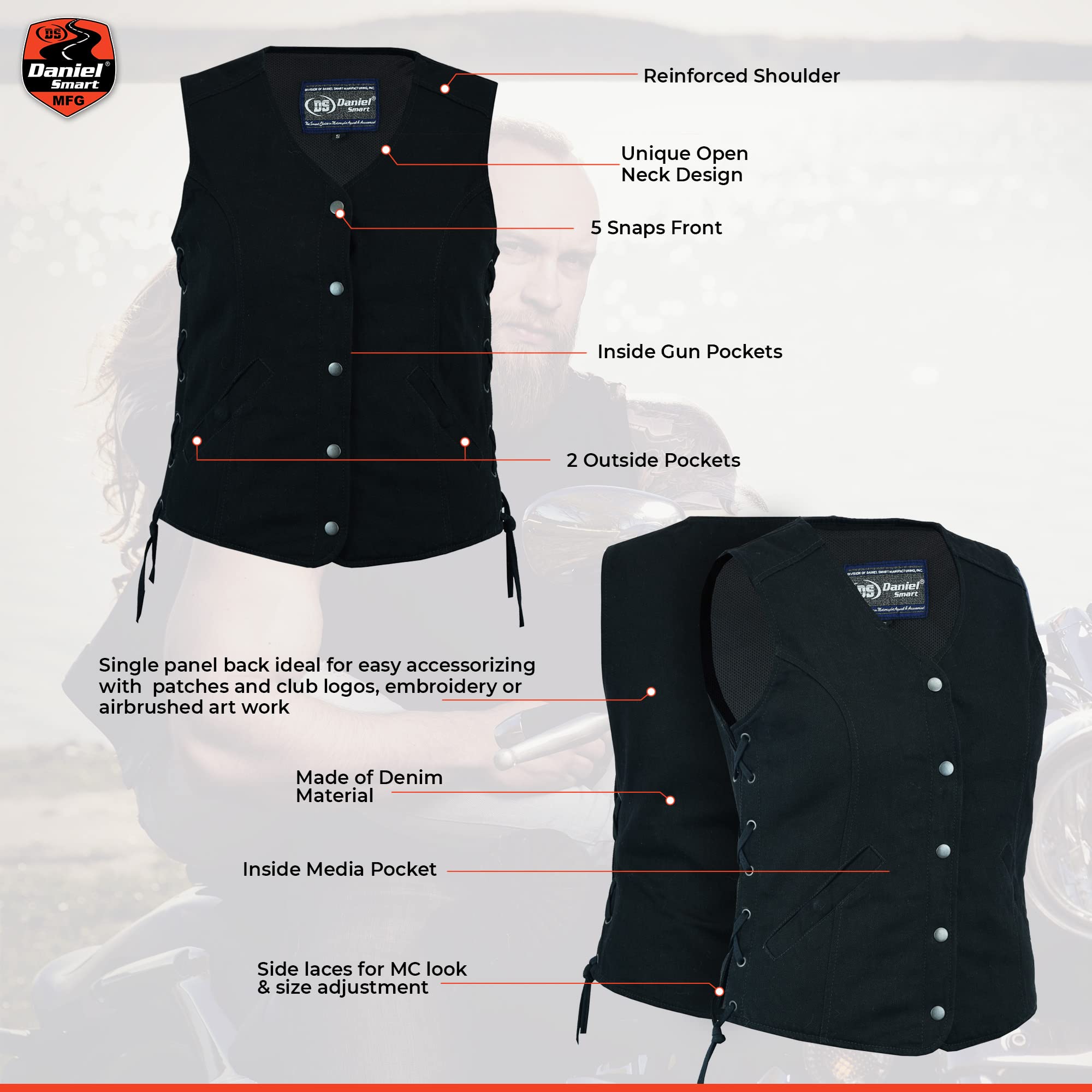 Daniel Smart Women's Black Premium Denim Vest with Side Laces - Stylish Adjustable Fashion Vest for Casual Outfits, Layering, and Outdoor Activities